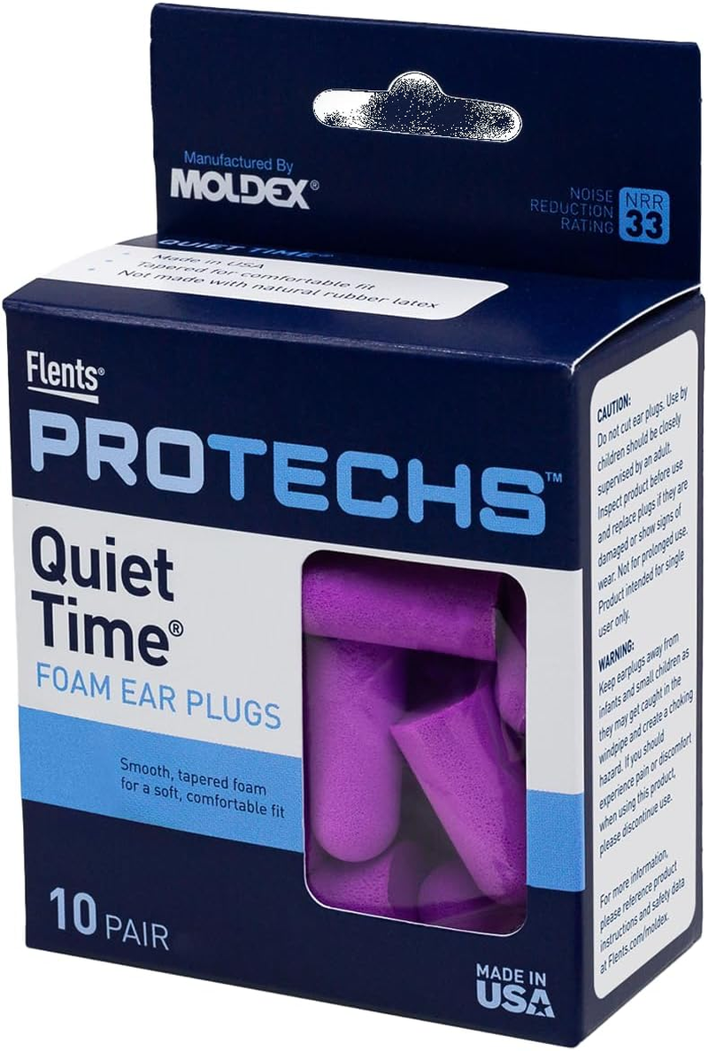 Protechs Foam Ear Plugs, 10 Pair with Case for Sleeping, Snoring, Loud Noise, Traveling, Concerts, Construction, Studying, Work, Shooting, NRR 33, Purple, Disposable, Made in the USA
