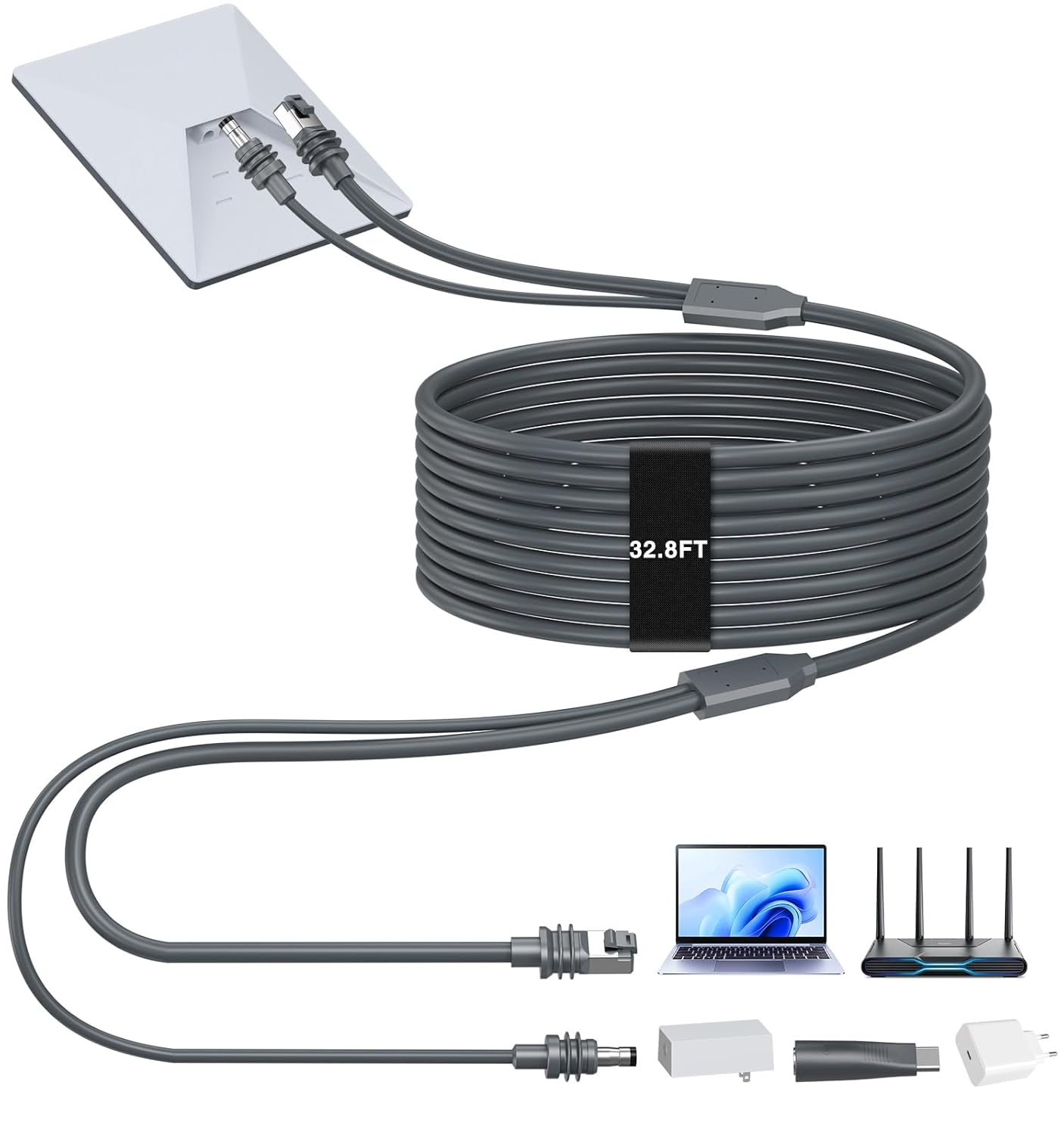 2 in 1 for Starlink Mini Ethernet Cable 32.8FT/10M, for Starlink Mini Power Cord + RJ45 Ethernet Cable, DC to DC, DC to C Power Cable Relacement Waterproof Accessries for Boat, Car