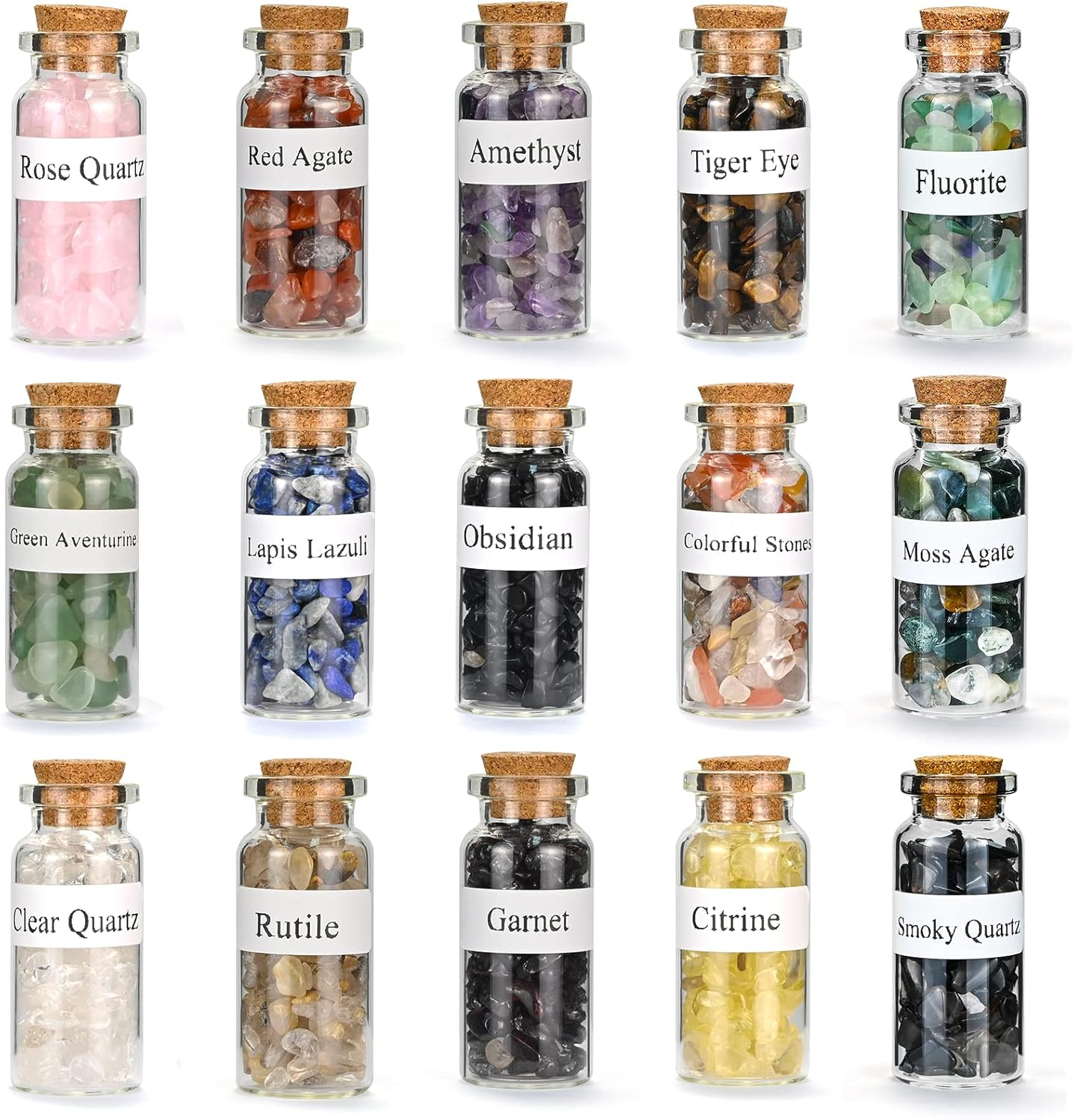 15 Stück Kristalle Wunschflaschen, Heilkristall Trommelsteine Sammlungssatz, Naturquarz Kies Wunschflasche, Adventskalender Steine Für Reiki, Heilung, Meditation