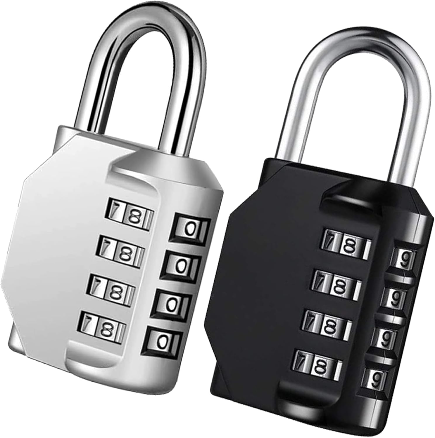 Combo Lock for Lockers, 4 Digit Combination Padlock, 2 Pack Pad Locks with Code for School Locker, Gym, Door, Storage - Black & Silver
