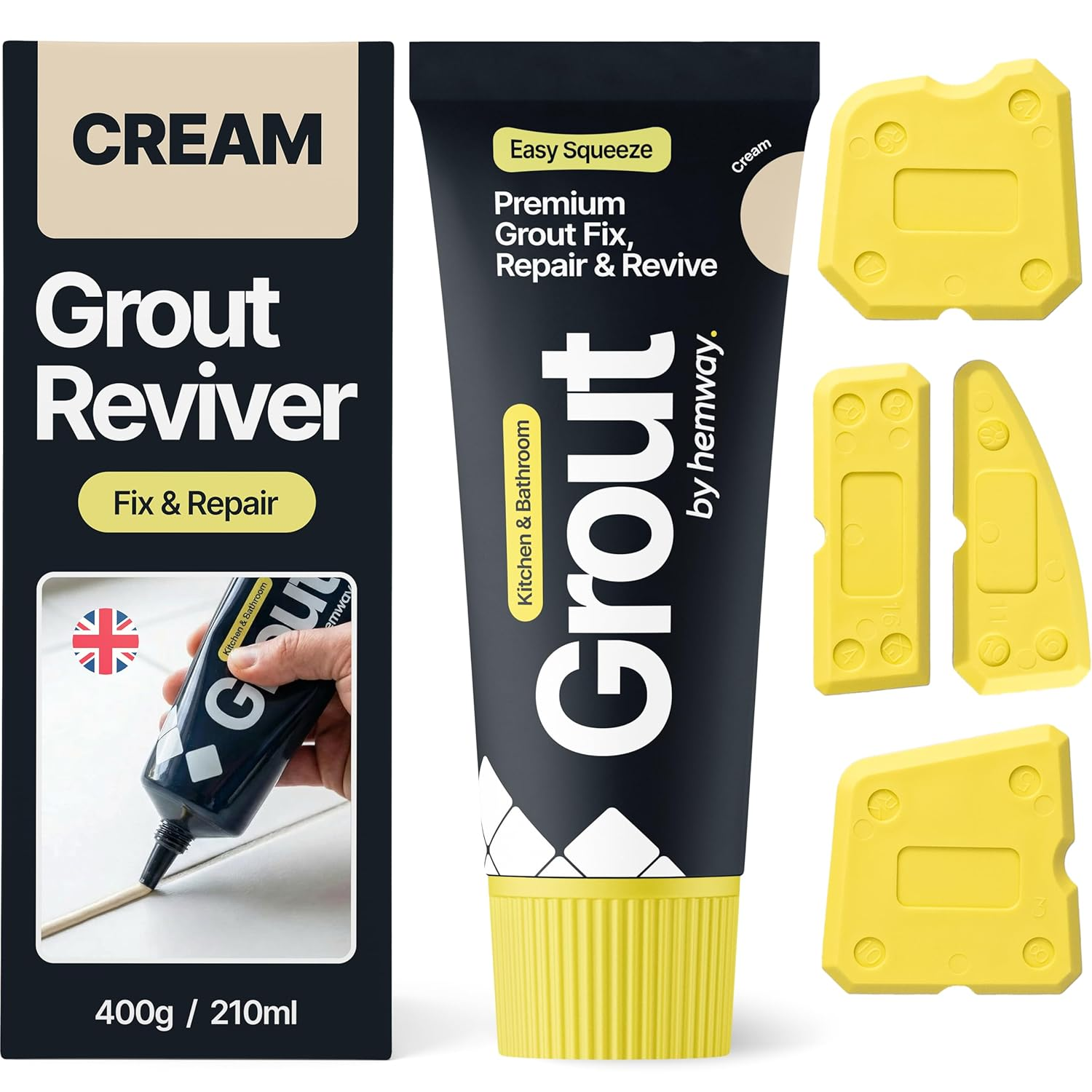 Cream Grout Reviver Kit | Ready Mixed Grout Repair 400G / 210Ml with 4 Piece Profiling Tool Kit | Wall & Floor Tile Adhesive, Kitchen Bathroom Shower, Fast Drying