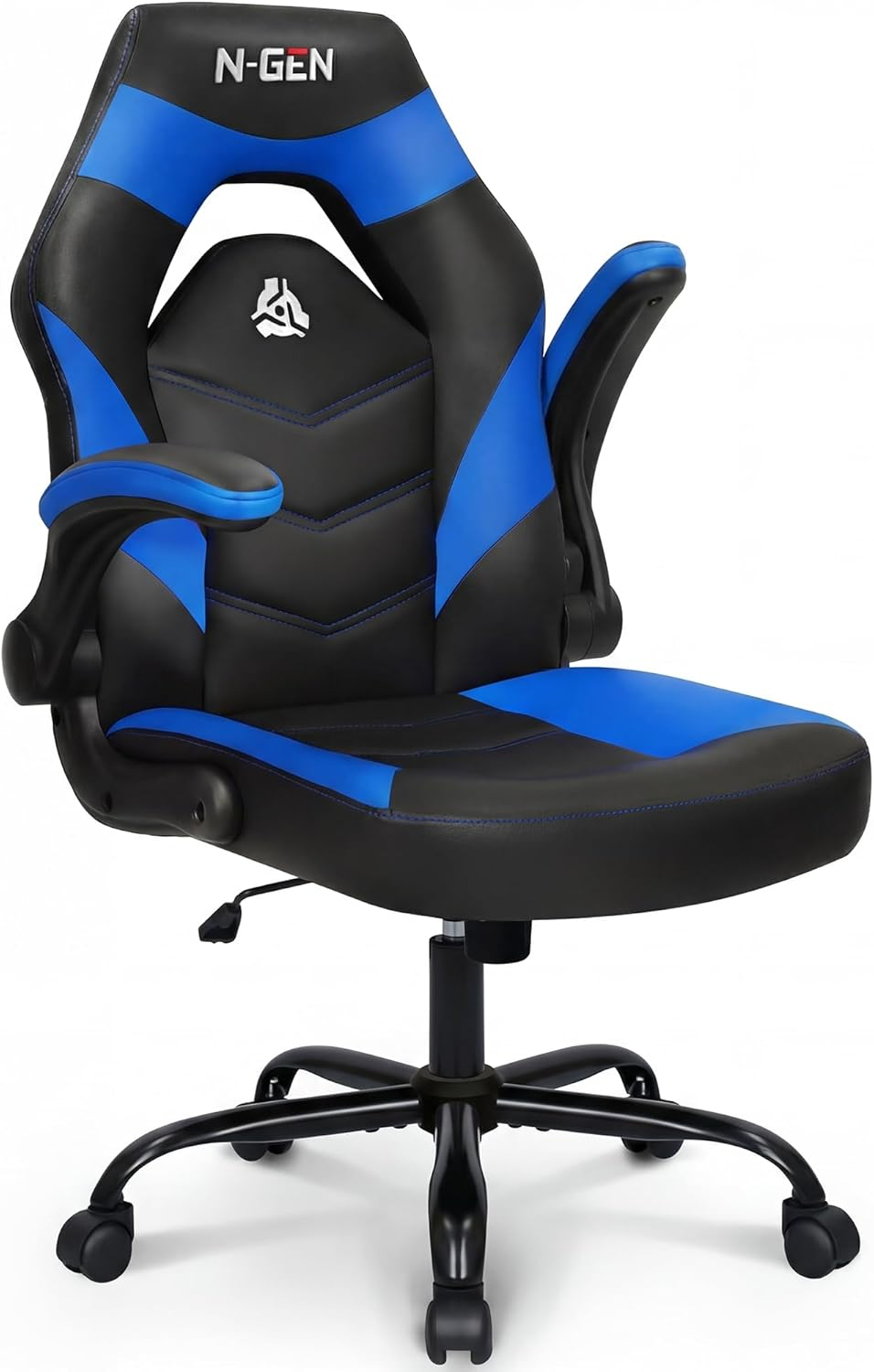 N-GEN Video Gaming Chair Ergonomic Computer Desk Office Chair with Lumbar Support Adjustable Height Swivel Wheels Flip-Up Arms PU Leather Home and Office (Classic Blue)