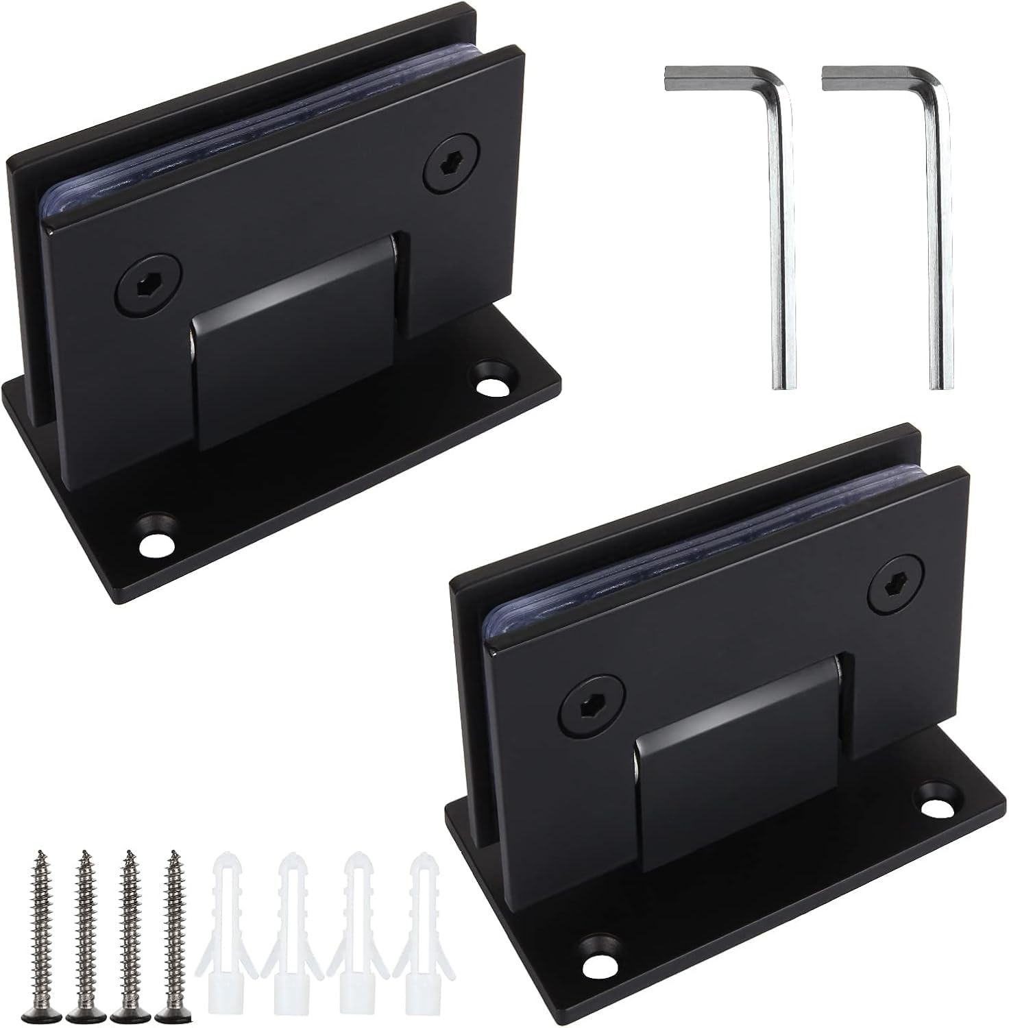2 Pack 90 Degree Glass Shower Door Hinges, Black Shower Hinges Replacement Parts Hardware, Stainless Steel Bathroom Gate Clamp for 3/8” to 1/2”Glass