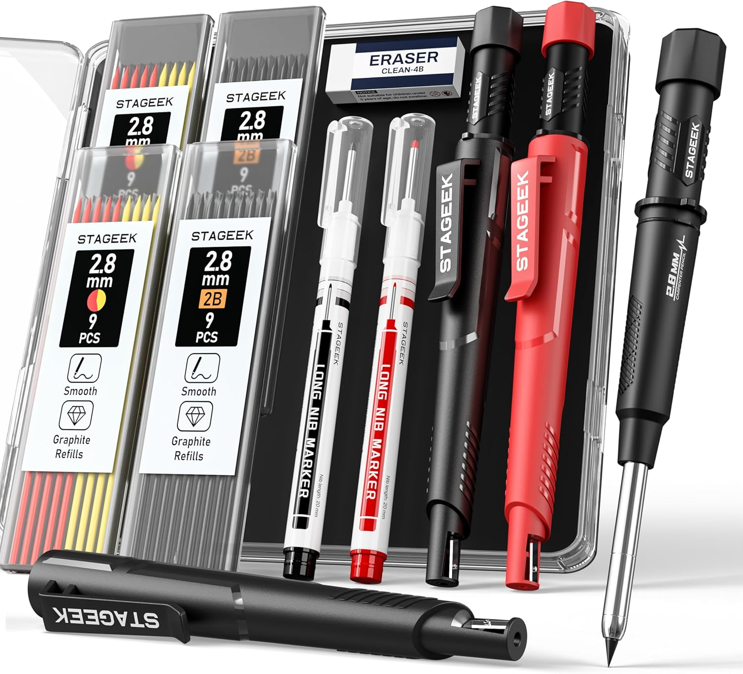 2 Pack Carpenter Pencils with Sharpener, Mechanical Carpenter Pencils with 38 Refills, Construction Pencil Heavy Duty Woodworking Tools, Deep Hole Long Nib Marker Pens for Architect Marking