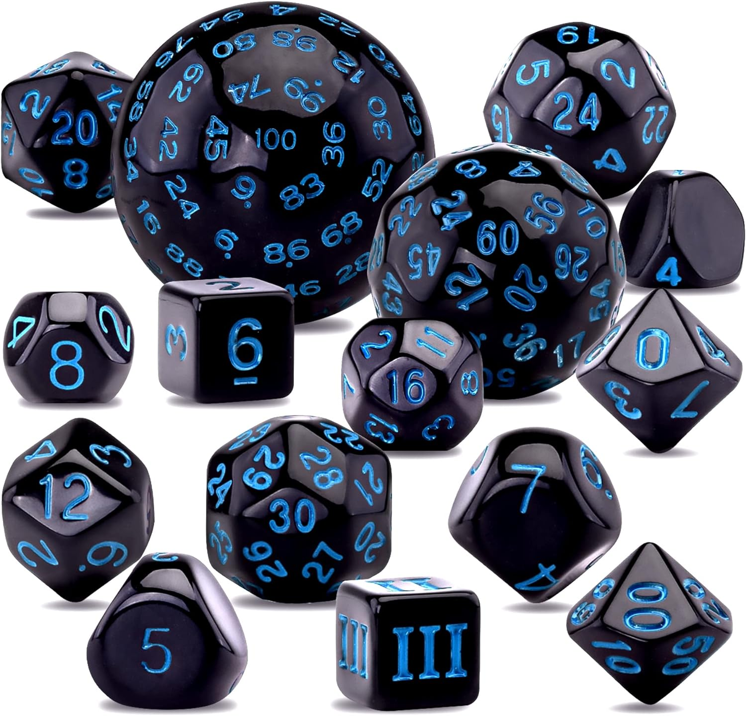 15 Pieces Complete Polyhedral Dice Set D3-D100 Game Dice Set with a Leather Drawstring Storage Bag for Role Playing Table Games(Black & Blue)