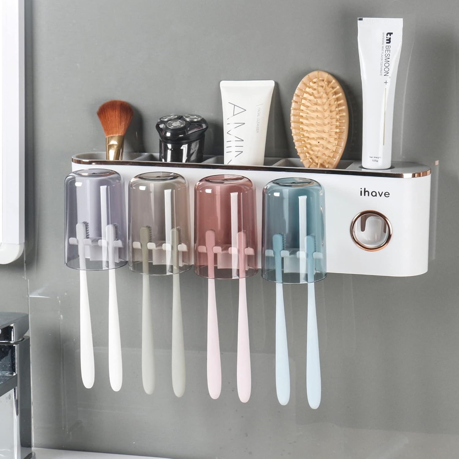 Ihave Toothbrush Holders Bathroom Accessories with Toothpaste Dispenser, 4 Cups 