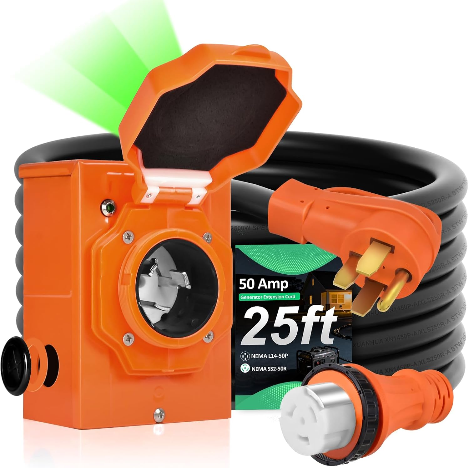 50 Amp Generator Cord and Power Inlet Box Kit, 25FT RV Extension Cord NEMA 14-50P/SS2-50R STW 6/3+8/1 AWG Power Cord with Pre-Drilled Generator Inlet Box Twist Lock Connector, UL&ETL Listed