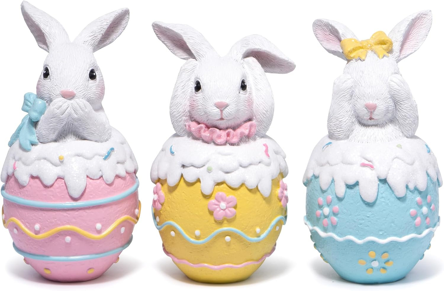 3PCS Easter Day Bunny Decoration Set - White Rabbit Figurines - Easter Bunny Decor - Spring Rabbit Decor - Handcrafted Resin - Matte Finish - 3 Count