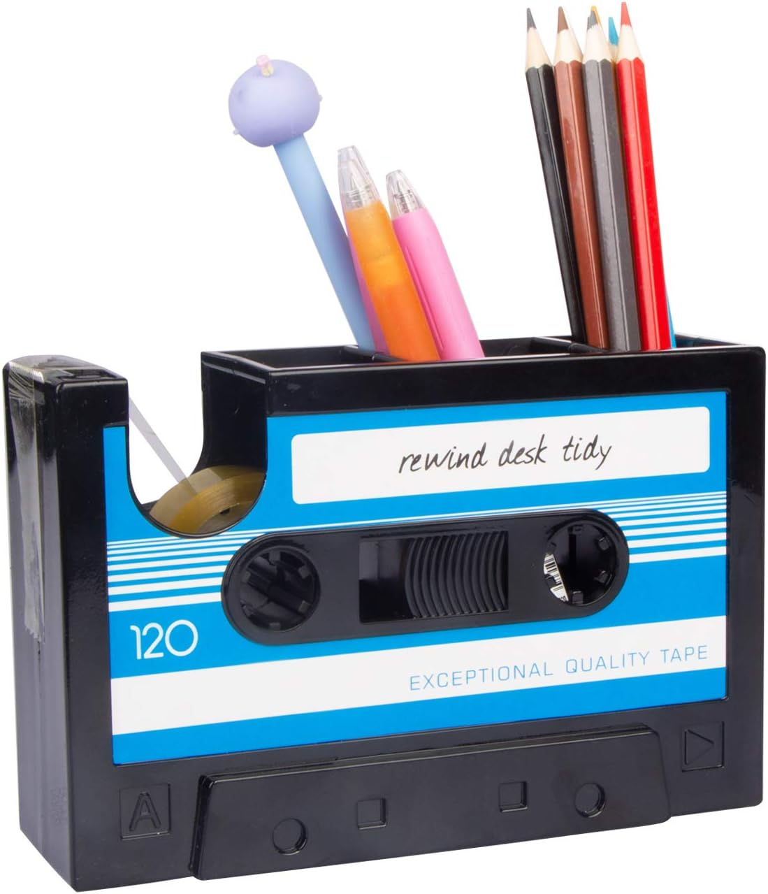 Tape Dispenser Pen Holder, Retro Cassette Tape Dispenser, 80'S Desk Accessories, Retro Office Supplies, Funny Cute Tape Dispenser (Blue-Td)