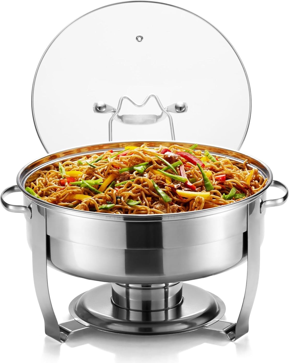 Chafing Dish for Buffet Set, by , Catering Food Warmers, round Dishes, Warmer Tray, Stainless Steel with Glass Cover and Holder, for Parties, Dinners, 4.5 Qt