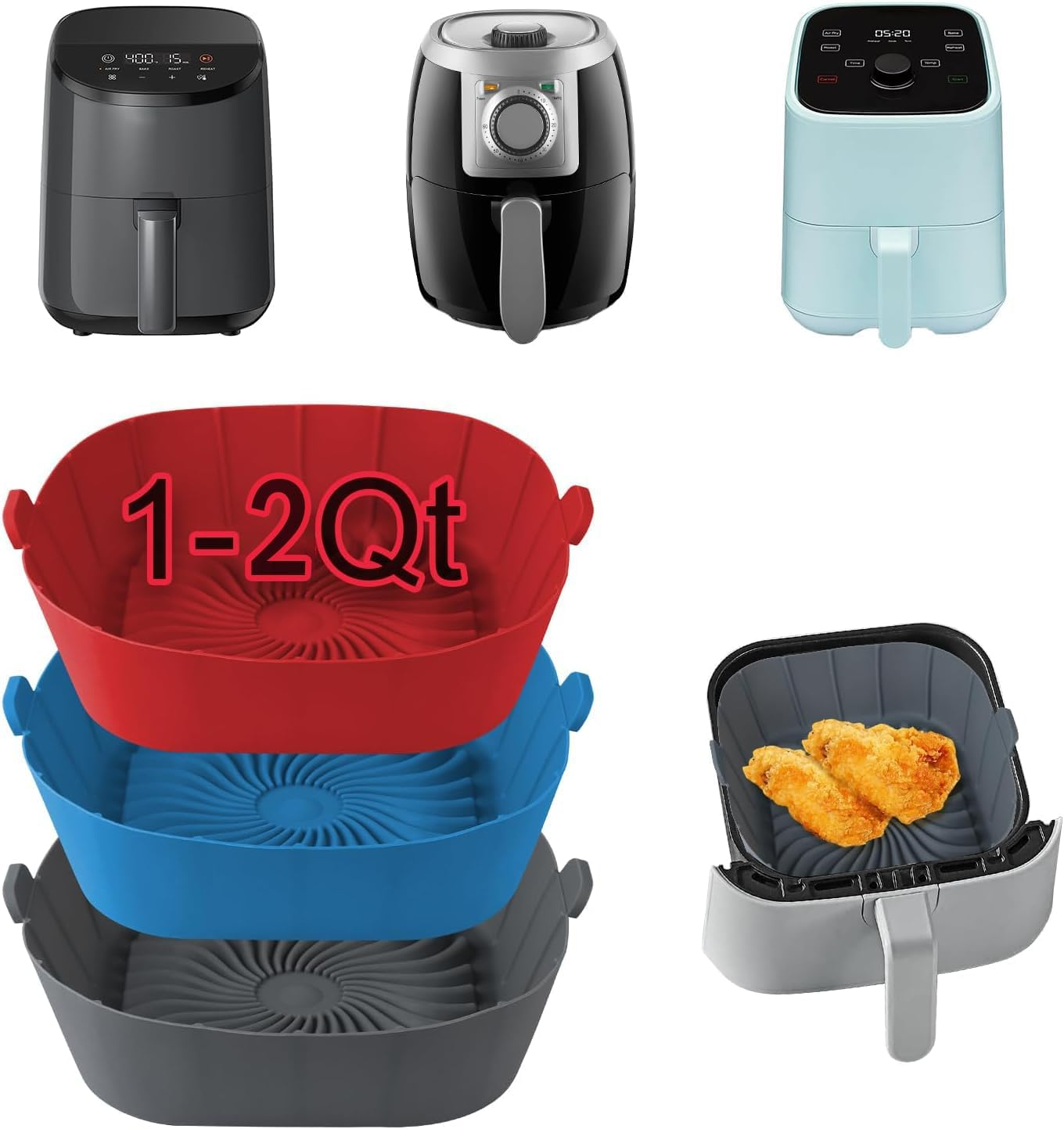 Air Fryer Silicone Liners for Most 1-2 Qt Mini Air Fryer, 3 Pack Square Small 