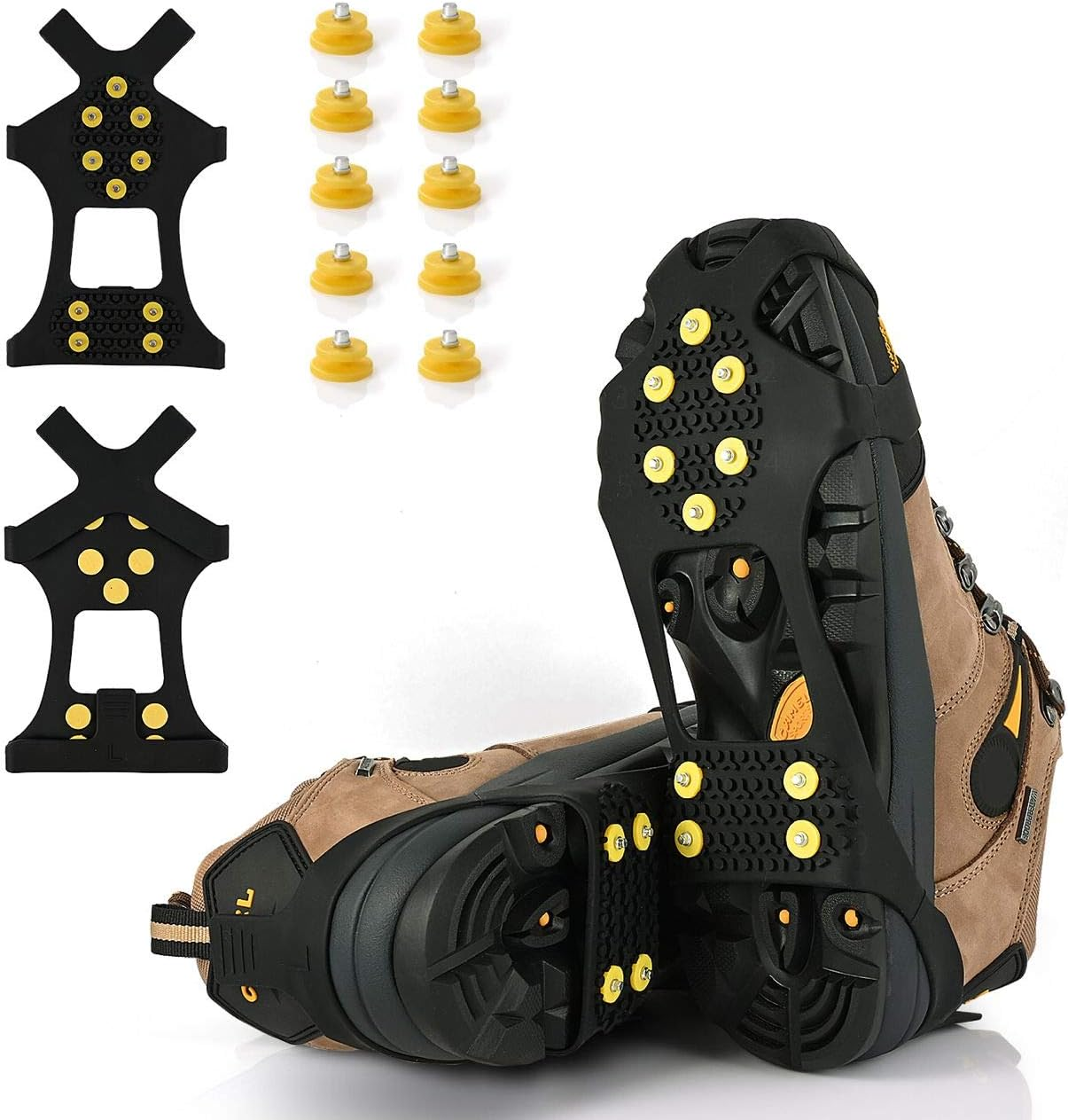 Ice Cleats, Ice Grips Traction Cleats Grippers Non-Slip over Shoe/Boot Rubber Spikes Crampons with 10 Steel Studs Crampons + 10 Extra Replacement Studs