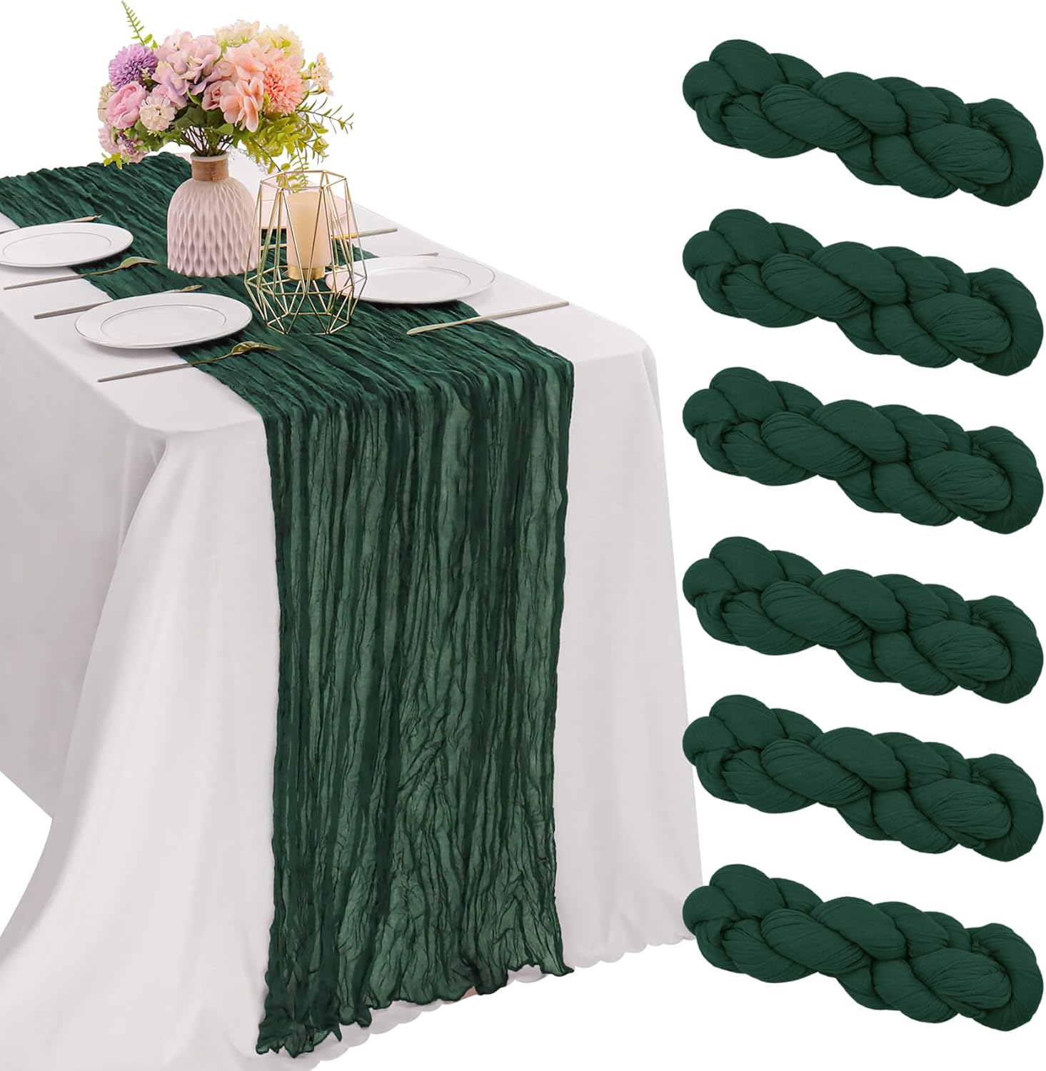 6 Pieces Dark Green Easter Spring 10FT Cheesecloth Table Runner Boho Gauze Fabric Table Runner Rustic Sheer Runner for Wedding Birthday Baby Shower Party Boho Table Decoration（Dark Green）