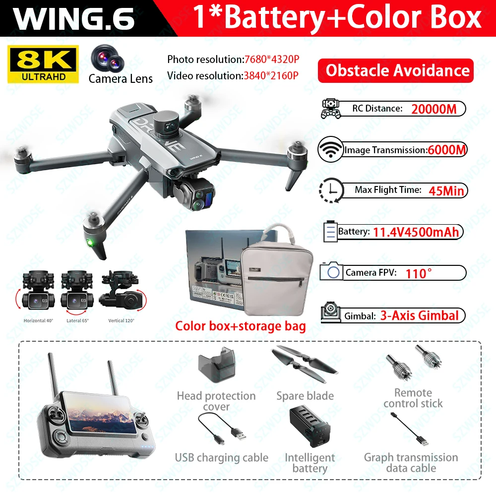 Wing 6 GPS Aerial Photography Fishing Drone 8K Camera Anti-Strong Wind Lifting Avoid Obstacles 360° 800M High One-Key Return