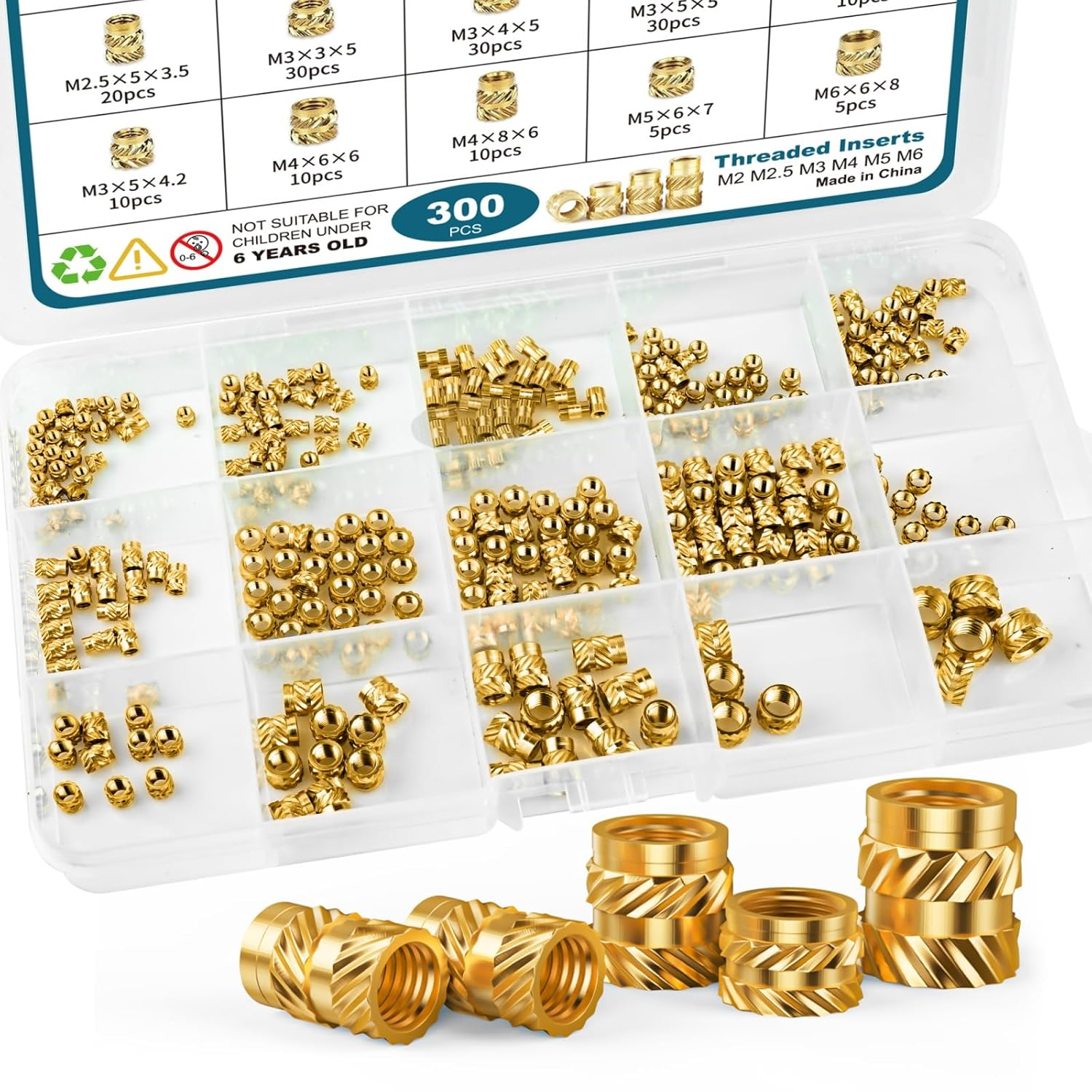 300Pcs Threaded Inserts M2 M2.5 M3 M4 M5 M6 Brass Heat Set Insert for Plastic and 3D Printing Components