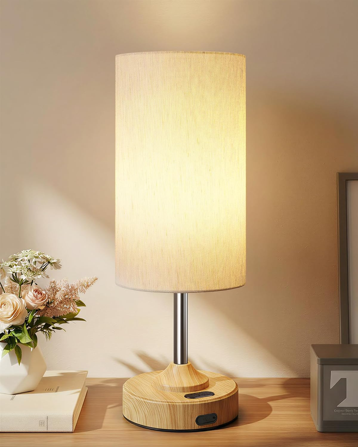 Cordless Table Lamp, Ambient Light, Dimmable, Touch, Timer, 2700K, Bedroom, Portable, LED, Wireless, Rechargeable, Battery Operated, Desk Lamp, Fabric Shade, Wood-Grain Finish, Living Room