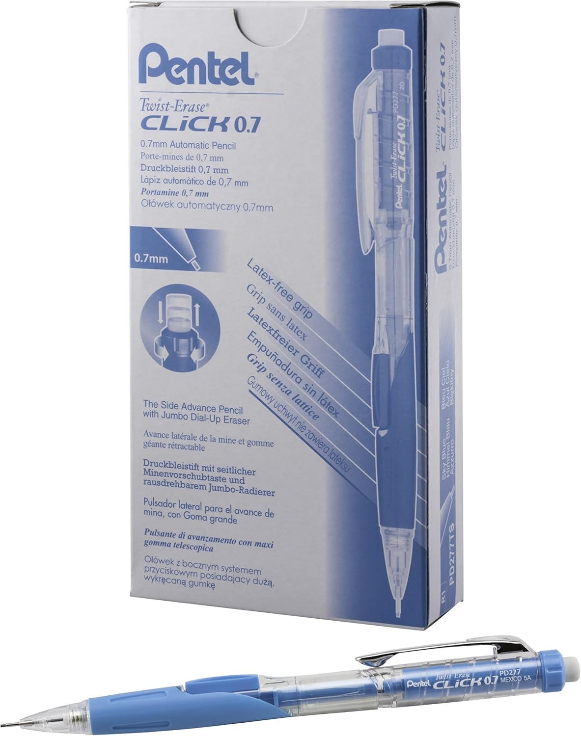 Twist-Erase CLICK Mechanical Pencil, (0.7Mm), CLEAR Barrel, Sky Blue Grip, 12 Pack (PD277TS)