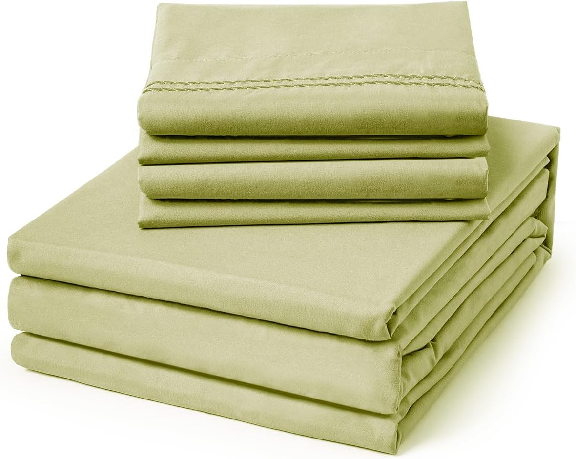 home Queen Size Sheet Set - 6 Piece Soft Breathable Luxury Bed Sheet Set - Shrinkage & Fade Resistant Embroidered Bedding Sheet with Deep Pocket, 2 Extra Pillowcases (Queen, Leaf Green)
