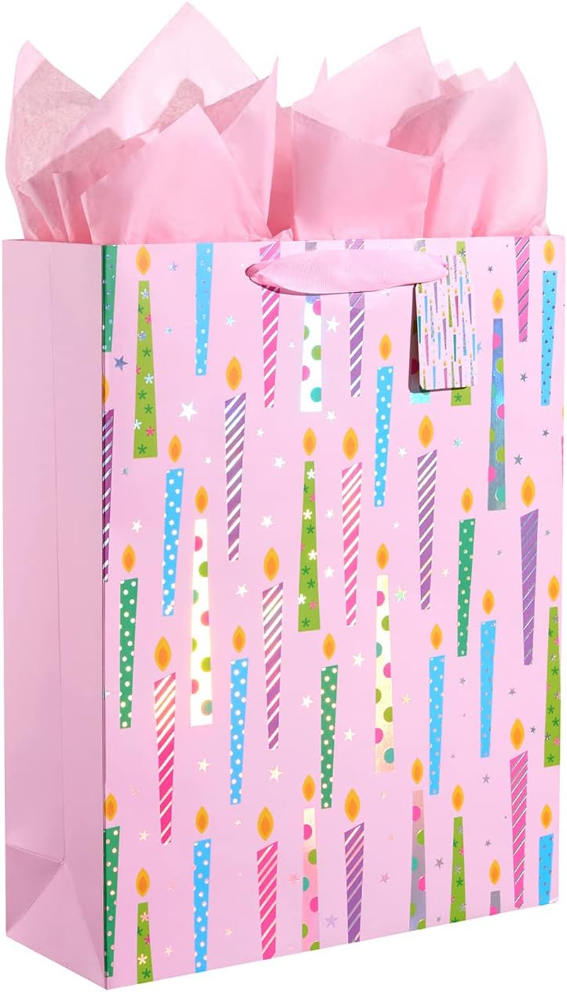16 Inch Extra Large Gift Bag with Tissue Paper for Girls Happy Birthday Candles Pink