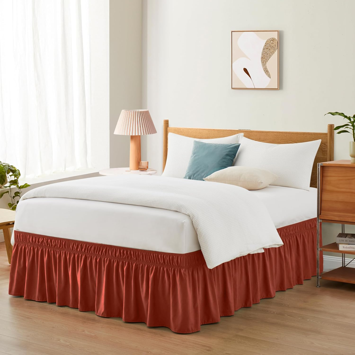 Entisn Orange Adjustable Bed Skirt for Full & Queen Size Bed - with 14 Inch Tailored Drop, Wrap around Bed Skirts with Adjustable Elastic Belt for Easy Fitting - Wrinkle & Fade Resistant