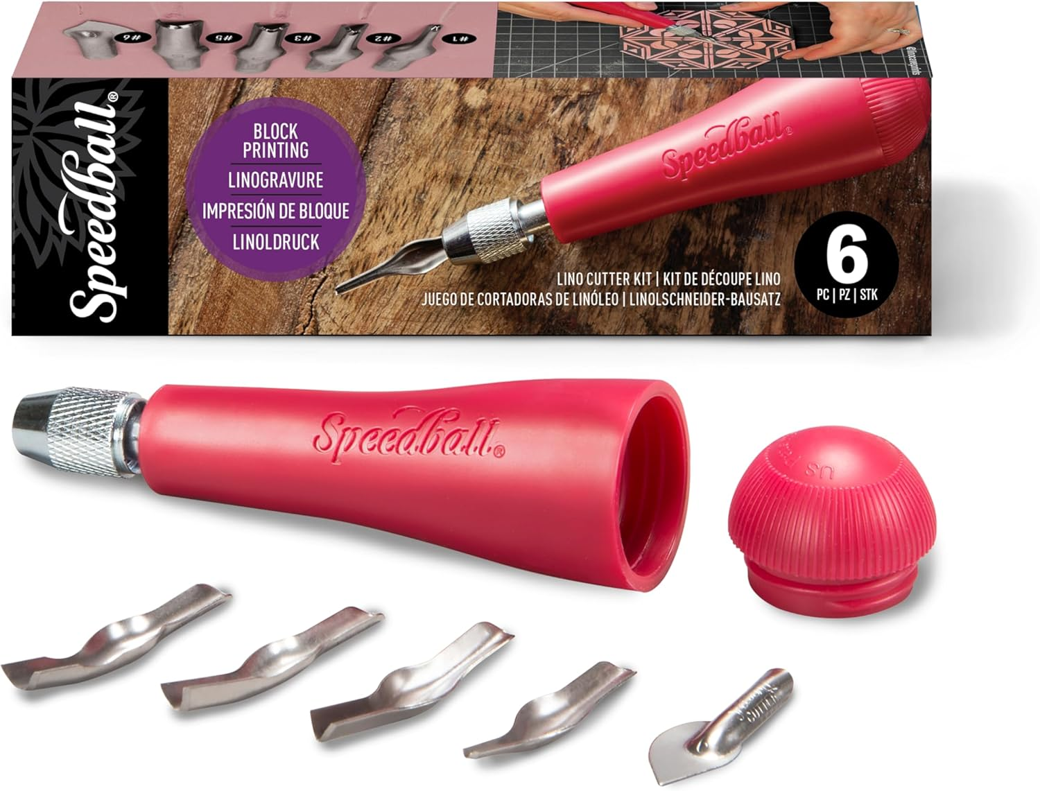 Speedball 4131 Linoleum Cutter – 5 Assorted Lino Cutters Includes Plastic Storage Handle, Made in the USA