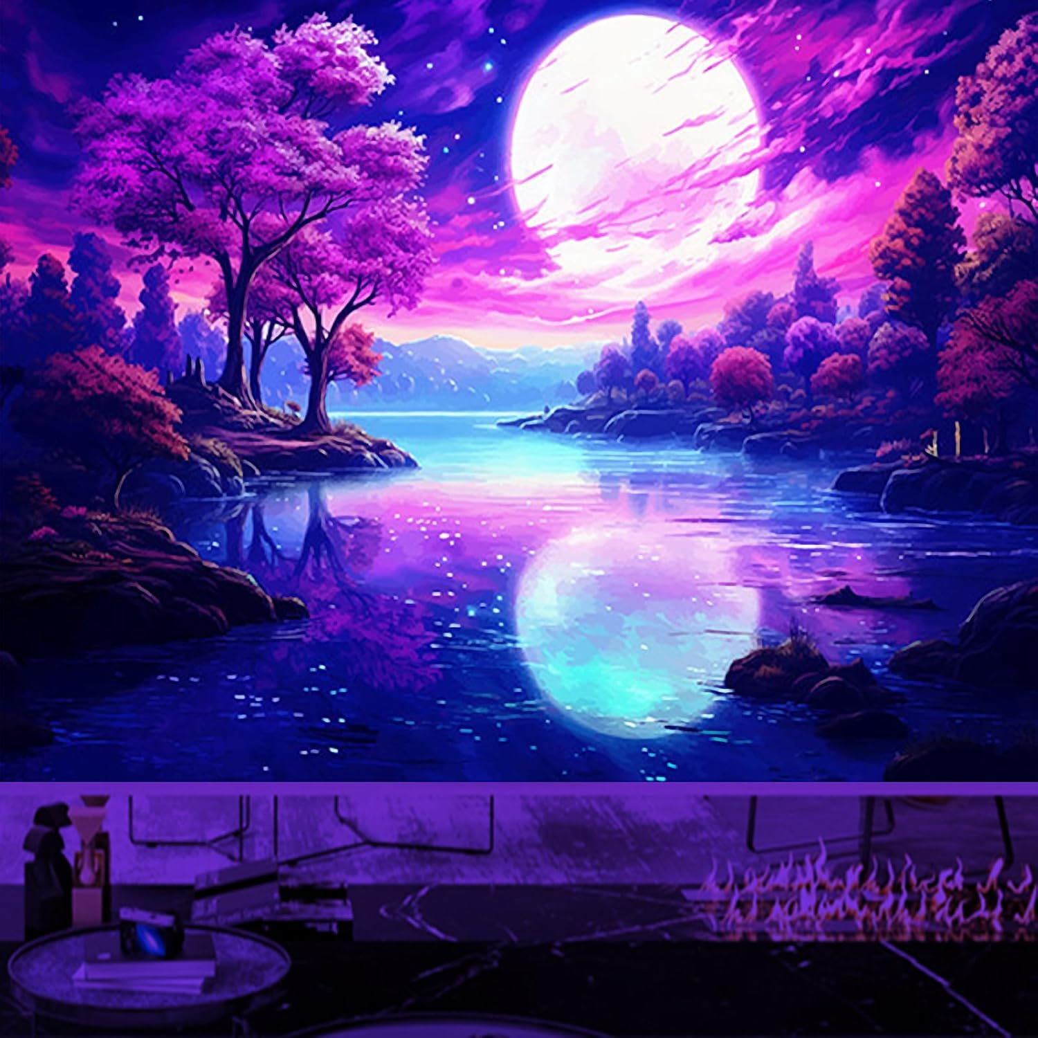 Blacklight Pink Tapestry for Bedroom UV Reactive Mountain Nature Tree Room D...