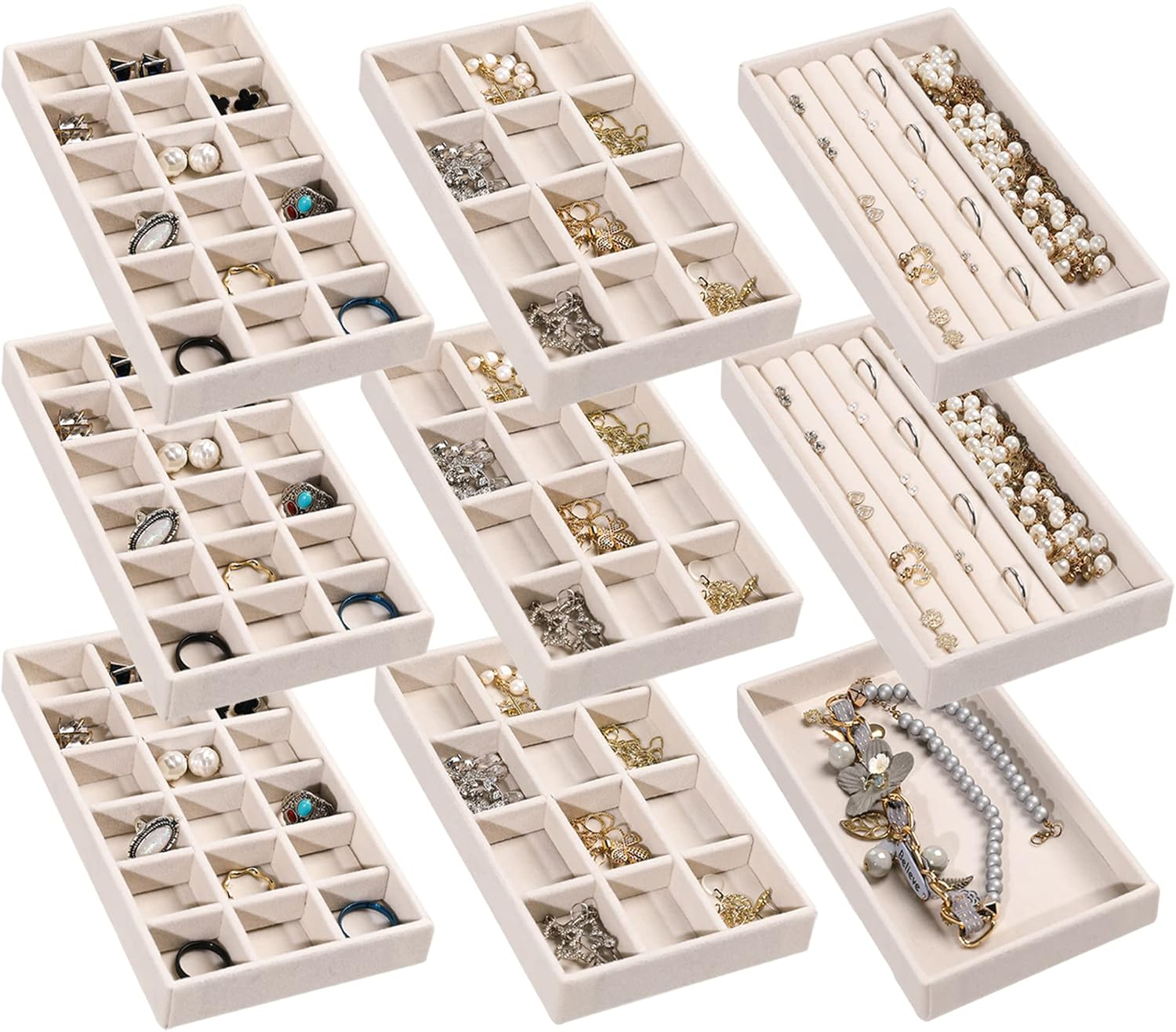 Jewelry Organizer Tray,Stackable Velvet Jewelry Trays,Drawer Inserts Earring Organizer for Women Girls Jewelry Storage Display Case for Rings Stud Necklaces,Set of 9(Beige)