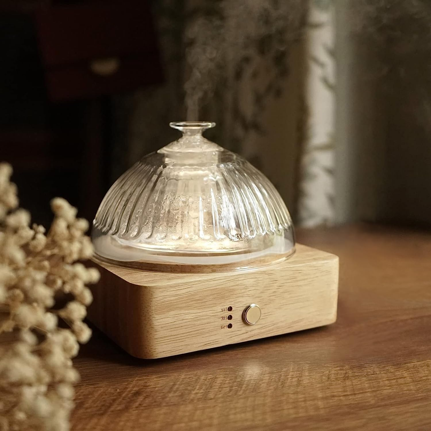 Glass Dome Essential Oil Diffuser with Glass Reservoir & Wood Base-No Plastic, 200Ml Ultrasonic Diffuser for Aromatherapy with Timer 7 Color Light Auto-Off for Home Office Yoga Pilates