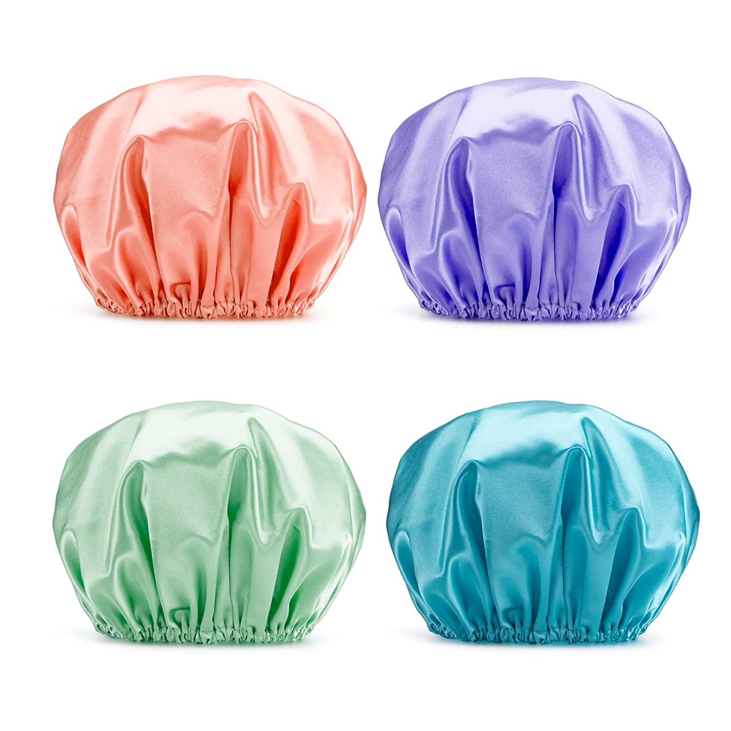 Amazerbath Shower Cap for Women, 4 PCS Double Waterproof Layers Shower Hair Caps, Elastic and Reusable Hair Cap, Environmental Protection Bathing Hat for Women Men Kids
