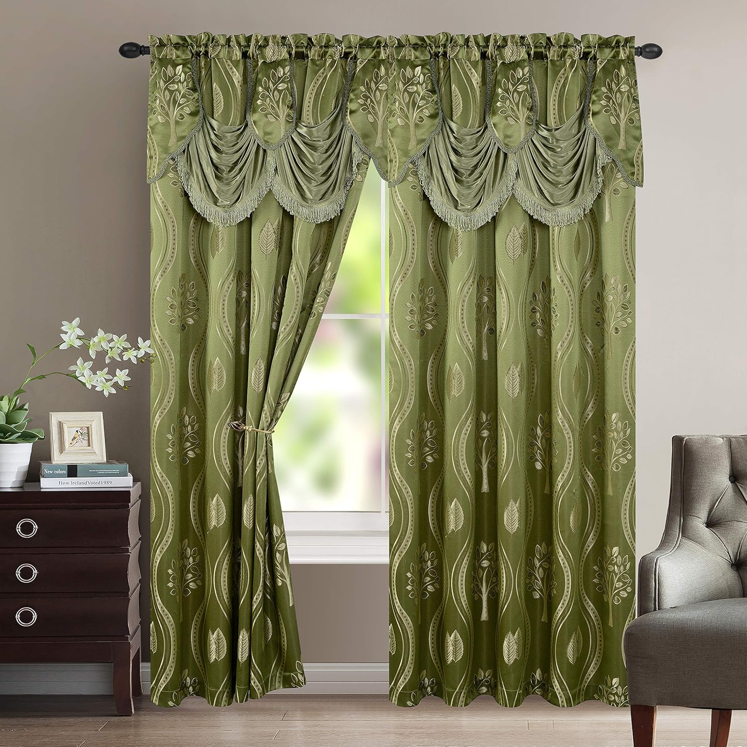 Elegant Comfort Aurora Jacquard Look Curtain Panel Set with Attached Valance 54