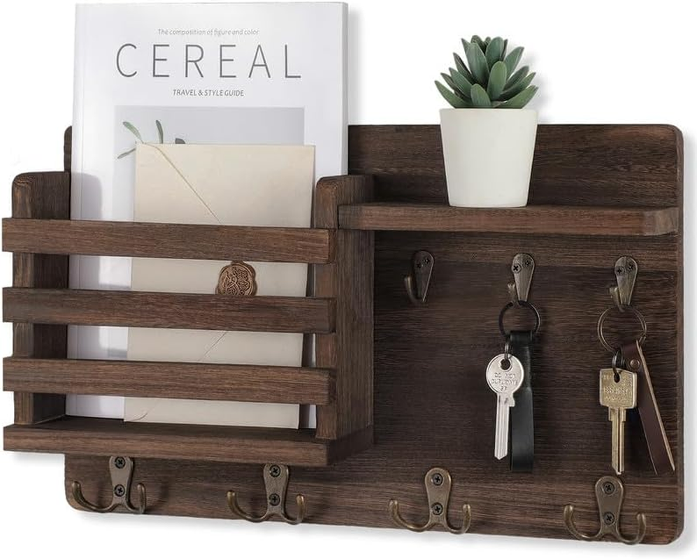 Mail Holder for Wall Mail Organizer with Key Hooks Hallway Farmhouse Decor Letter Sorter Made of Natural Wood with Floating Shelf and Flush Mount Hardware (16.8Inch X 10Inch X 3.2Inch)
