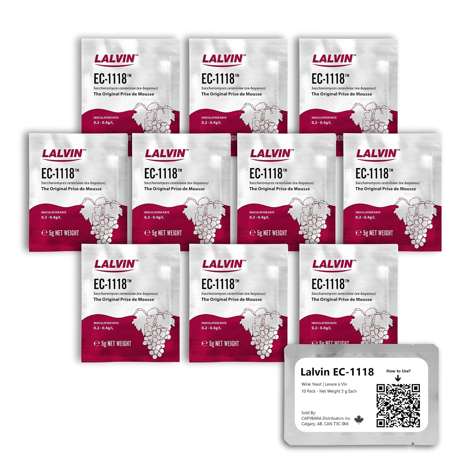 Lalvin EC-1118 Wine Yeast (10 Pack) - Sold by CAPYBARA Distributors Inc. | Champagne Yeast, Make Wine Cider Mead Kombucha at Home, 5 G Sachets, Saccharomyces Cerevisiae