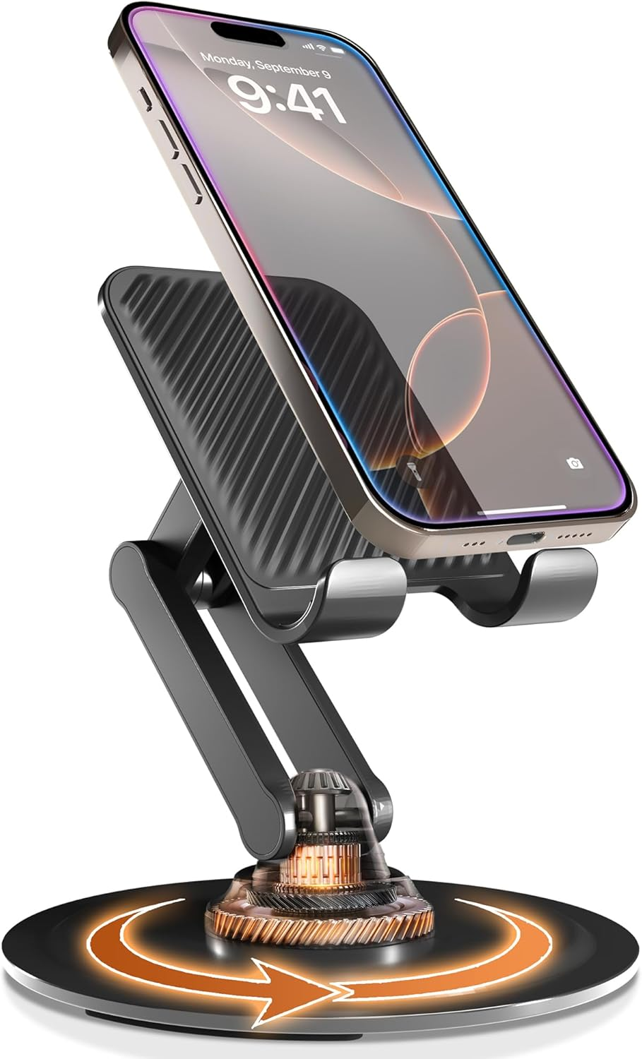360° Stand, 360 Degree Click-Rotating Cell Phone Stand for Desk | Non-Slip Metal Base, Foldable, Portable (Piano Black)