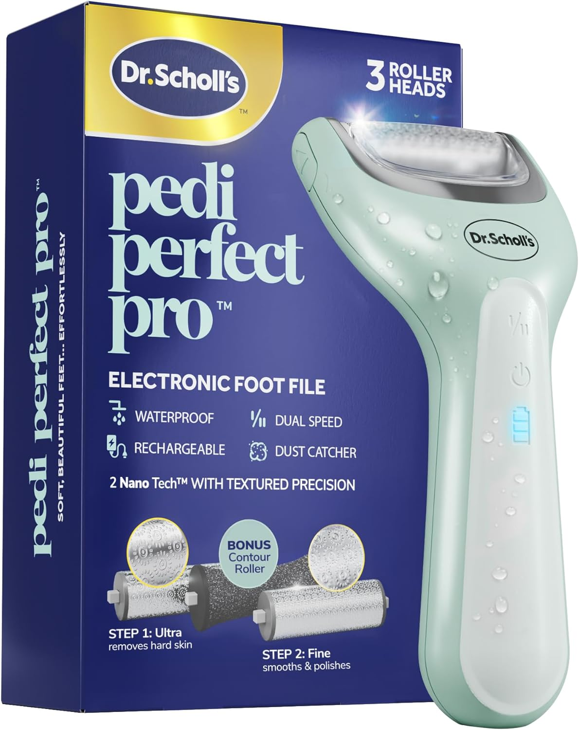 Dr. Scholl'S Pedi Perfect Pro Electric Foot Callus Remover with X3 Roller Heads, Waterproof, Rechargeable - Removes Hard Skin for Soft Beautiful Feet, 90-Minute Run Time, Dust Catcher, Pedicure Tools