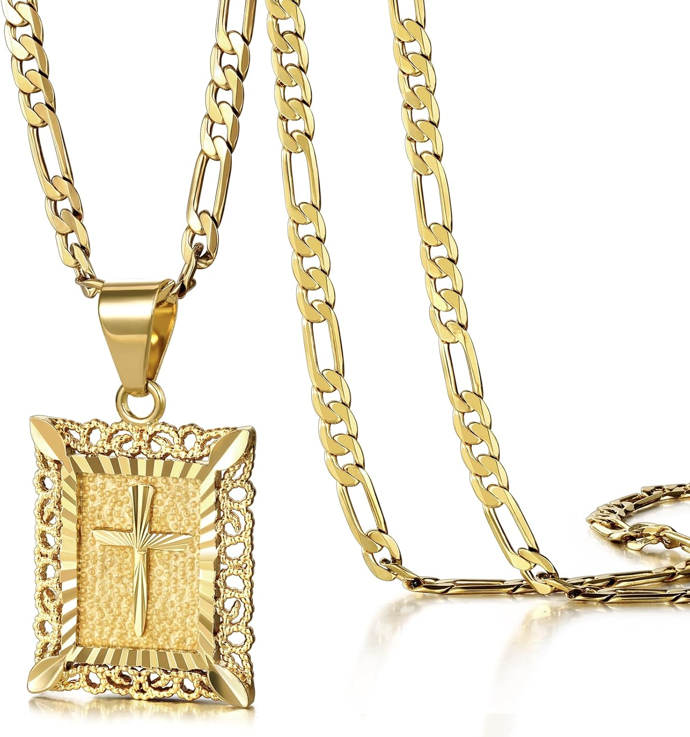 Cross Pendant Necklace for Women Men, 14K Gold and Silver Plated Square Faith Christian Figaro Chain Religious Jewelry Gift for Christian Faith, Baptism, First Communion