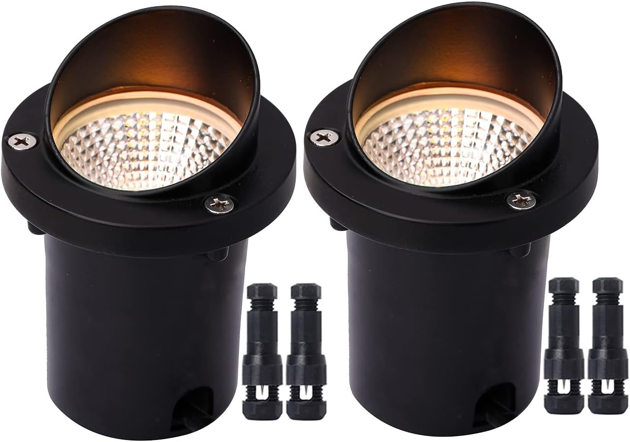 LED Low Voltage Landscape Light,12-24V AC/DC Shielded In-Ground Light IP67 Waterproof 3000K Paver Well for Pathway (2 Pack)