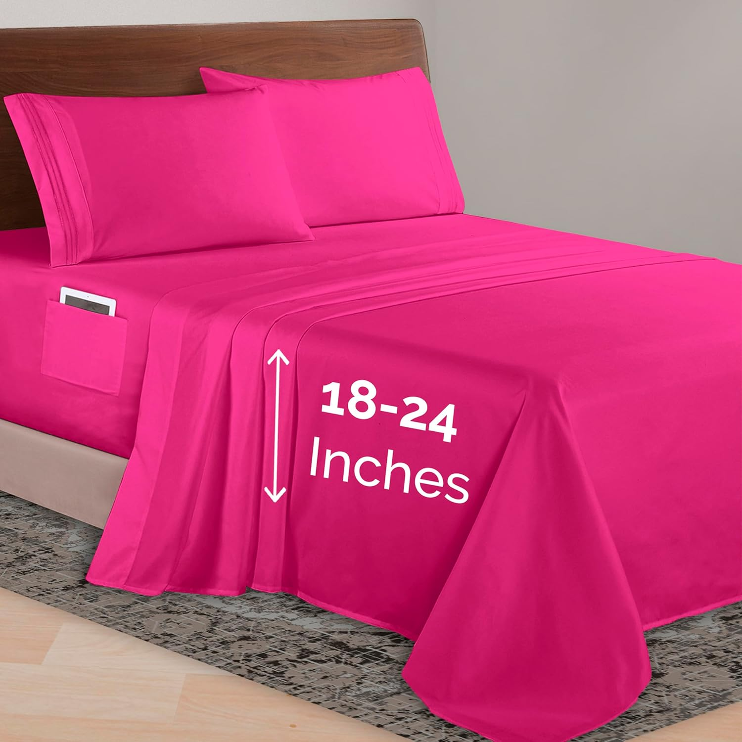 Luxurious 1500 Premium Hotel Quality Microfiber 4-Piece Sheet Set, 18-24 Inches Deep - Extra Deep Pocket Sheets - Ultra Soft 4PC Deep Pocket Sheets, King, Hot Pink
