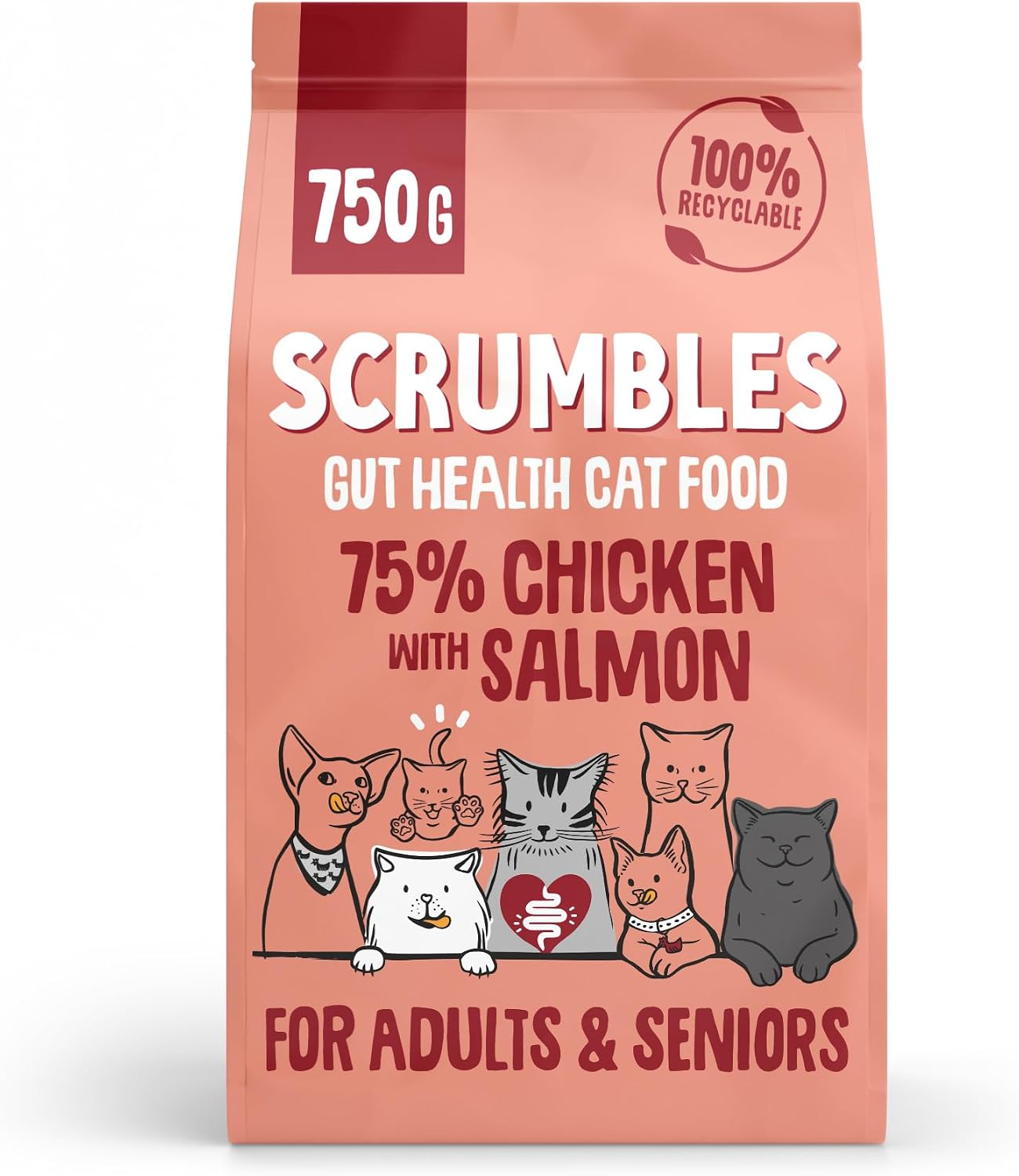 Scrumbles All Natural Dry Cat Food with 75% Chicken and Fresh Salmon, High Protein Food for Adults and Seniors, 750 G