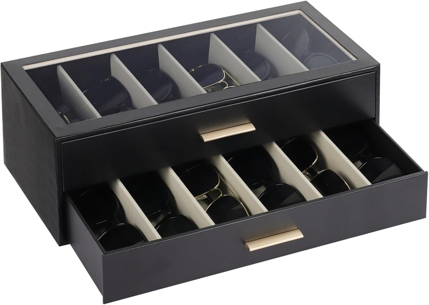 AUTORK PU Leather Sunglasses Organizer Case with Lock,2-Layer 12-Slot Eyeglass Display Box with Drawer,Glass Top Jewelry Storage Holder for Men Women,Ideal Gift for Desktop,Black,Mkawa01
