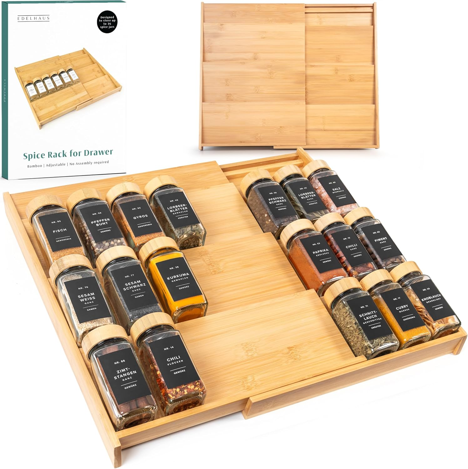 EDELHAUS Bamboo Spice Drawer Organizer - Expandable 4 Tier Spice Rack (Need 3" Deep Drawer) 12" to 24" Wide, Seasoning Organizer, Organization Seasoning Rack Insert (Jars Not Included)