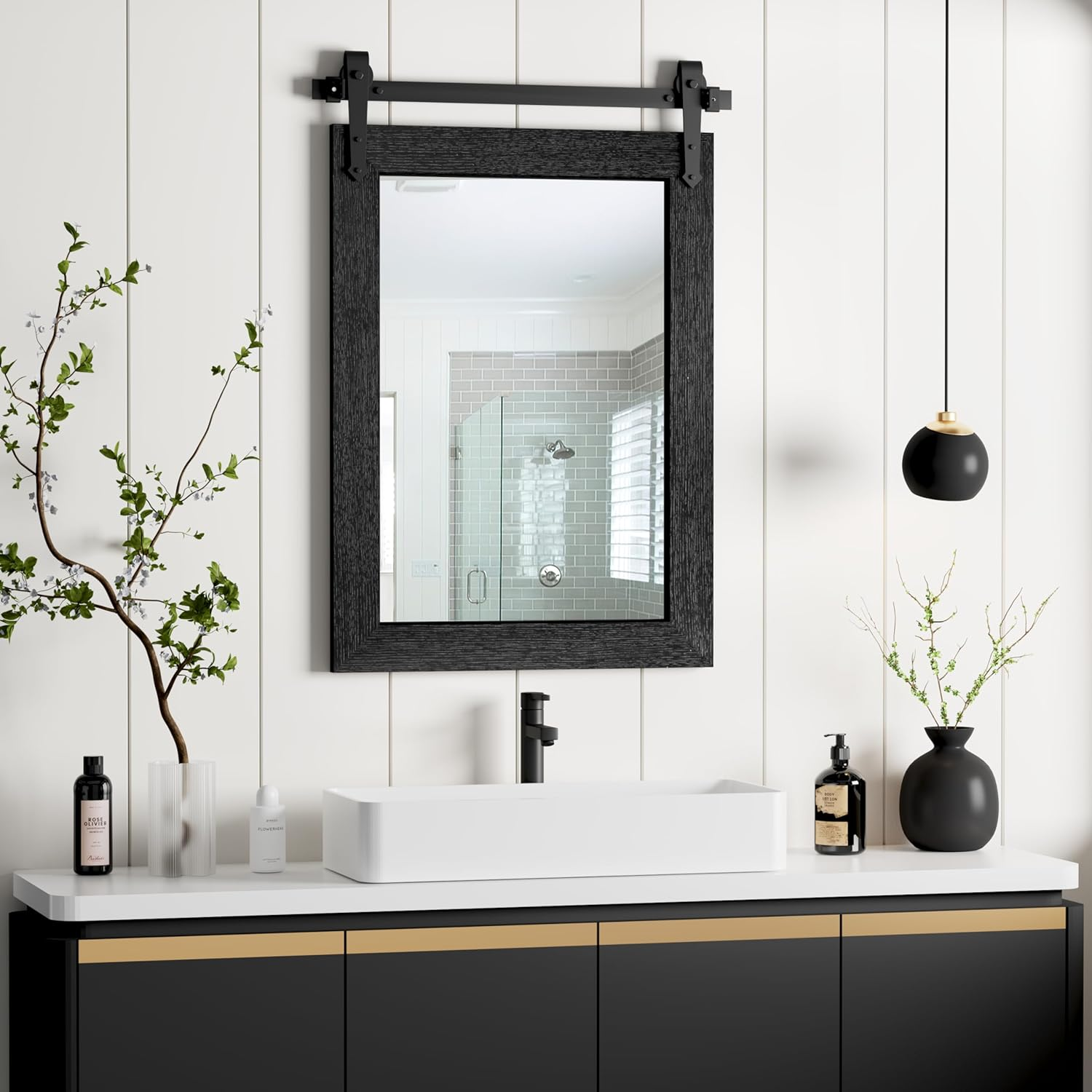 Farmhouse Bathroom Mirror for over Sink 22”X32” Black, Rustic Western Barn Decor Bathroom Vanity Mirror, Wall Mirror for Bathroom, Living Room, Bedroom, Entryway