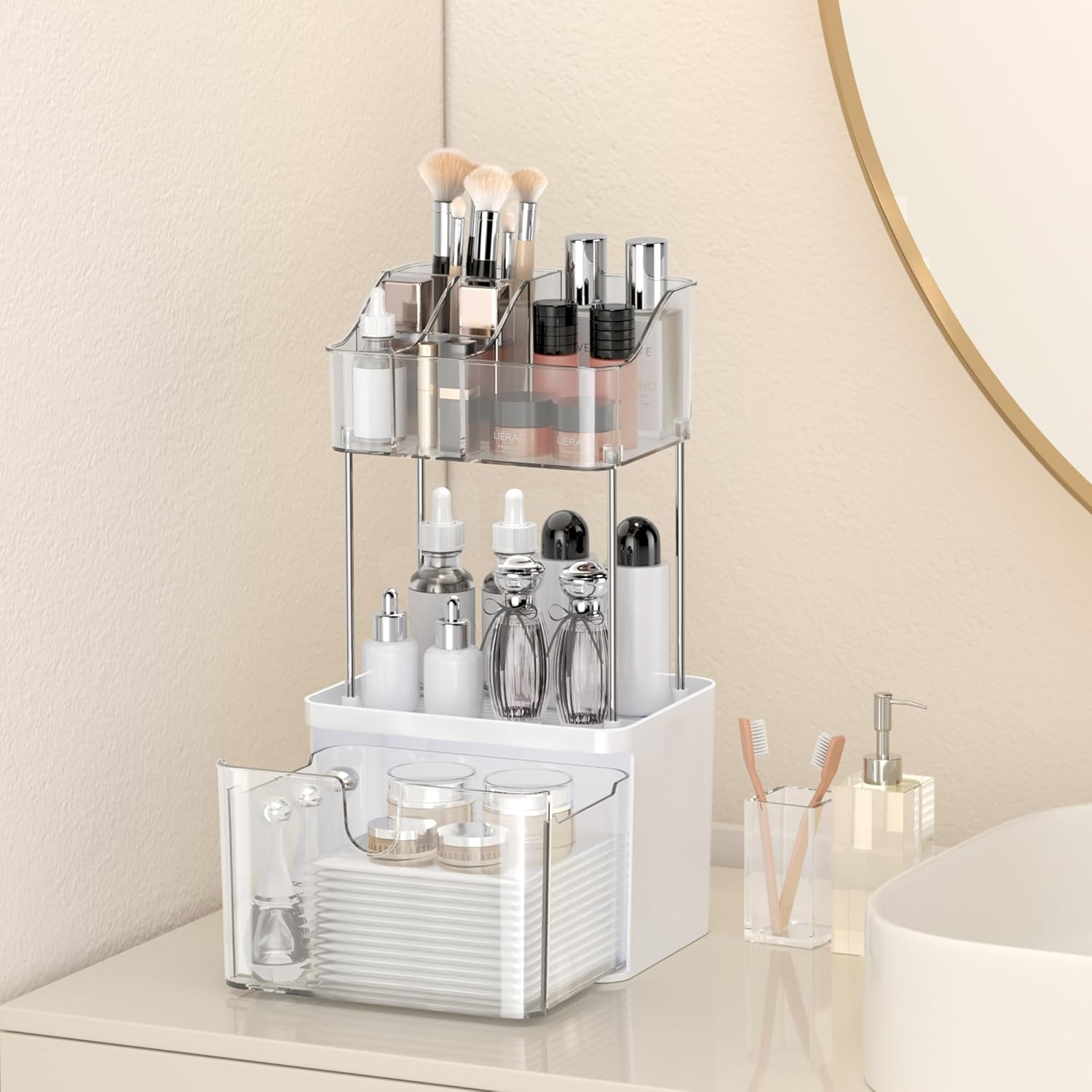 Small Bathroom Countertop Organizer with Drawer - 3 Tier Makeup Organizer for Vanity - Medium Clear Multi-Purpose Makeup Skin Care Organizer