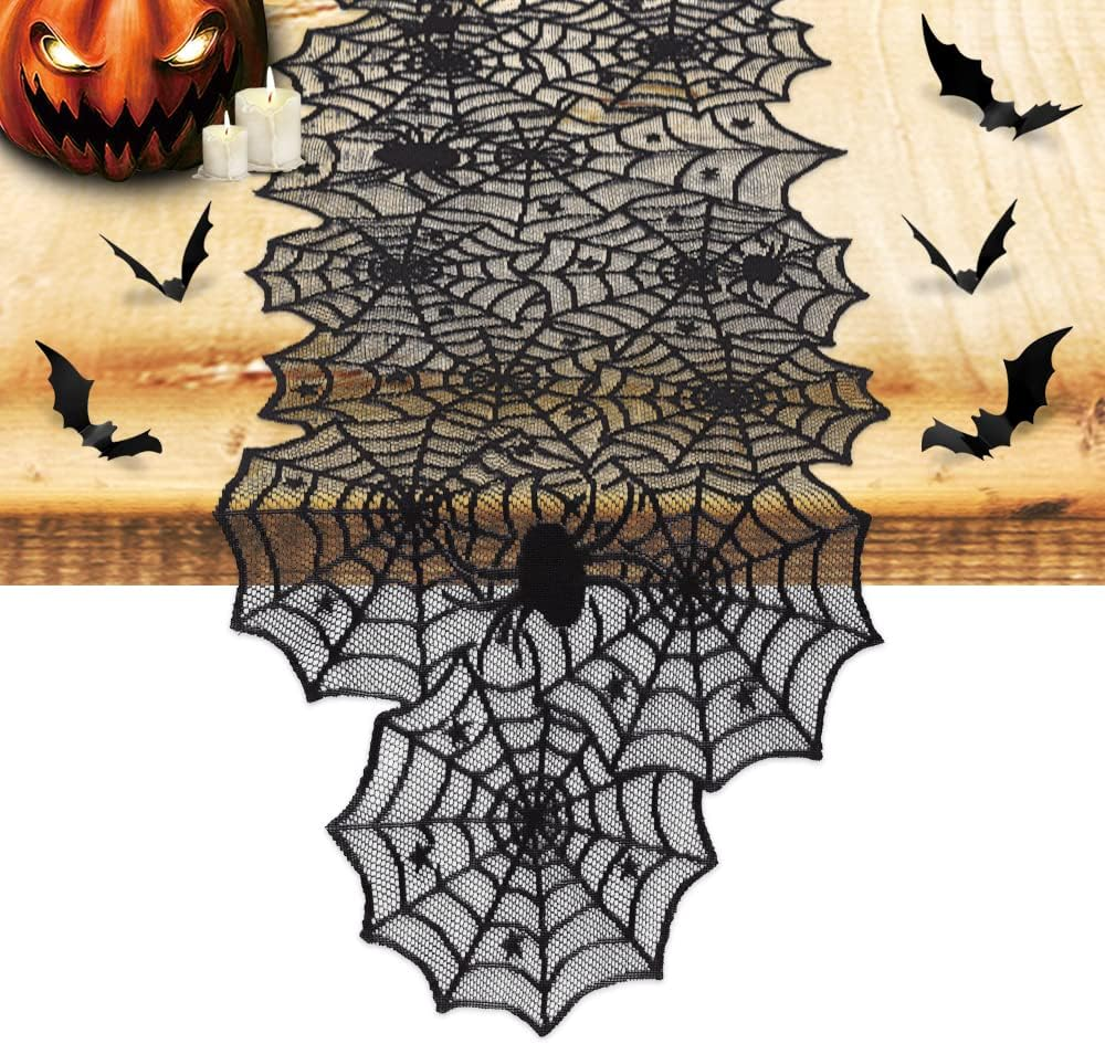 Halloween Decoration Table Runner with 12 Pack 3D Bats, Spider Web Black Lace Table Runner for Kitchen Dinner Table, Halloween Party Decoration Indoor - 13 X 72 Inch