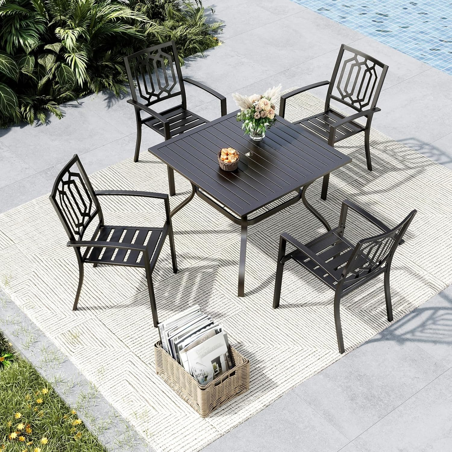 Outdoor Table and Chairs for 4, Outdoor Dining Set with Umbrella Hole, Metal Patio Furniture Set for Deck/Backyard/Poolside/Garden