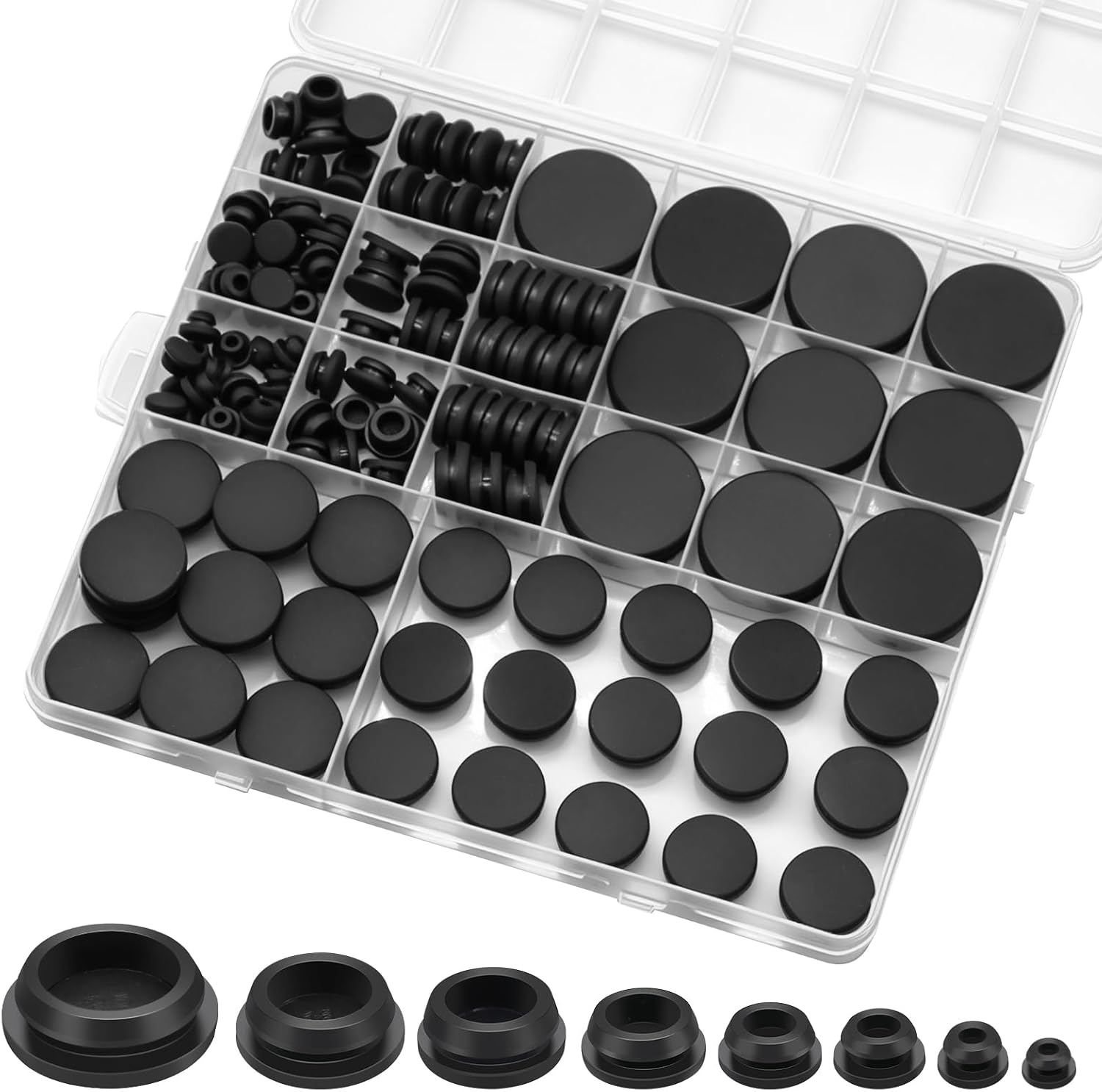 125 Pcs Rubber Plugs for round Holes, 8 Various Sizes (Black)