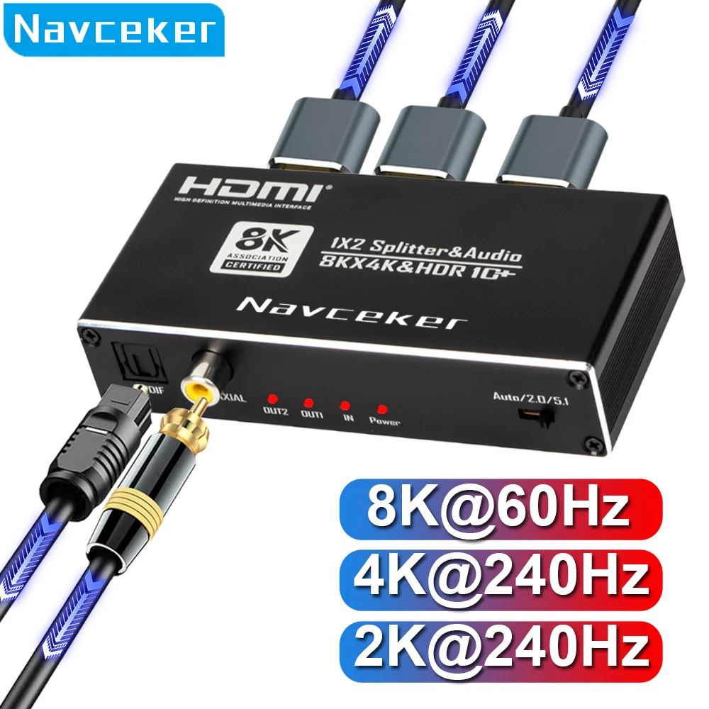 8K HDMI Splitter 1x2 4K 240Hz 1 in 2 out HDMI Audio Extractor HDMI to Optical Converter for Laptop Apple TV XBox PS5