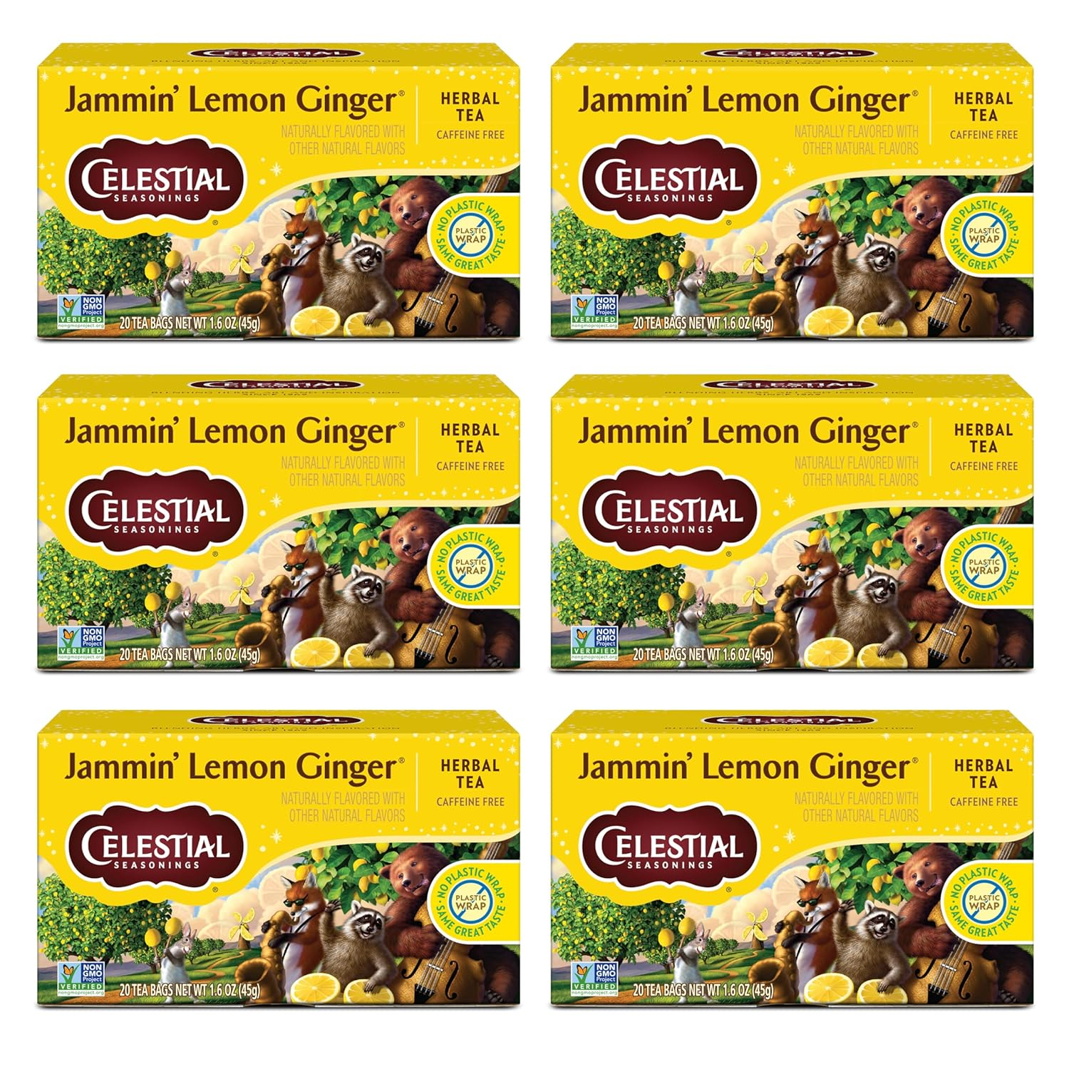 Jammin' Lemon Ginger Herbal Tea, Caffeine Free, 20 Tea Bags Box (Pack of 6)