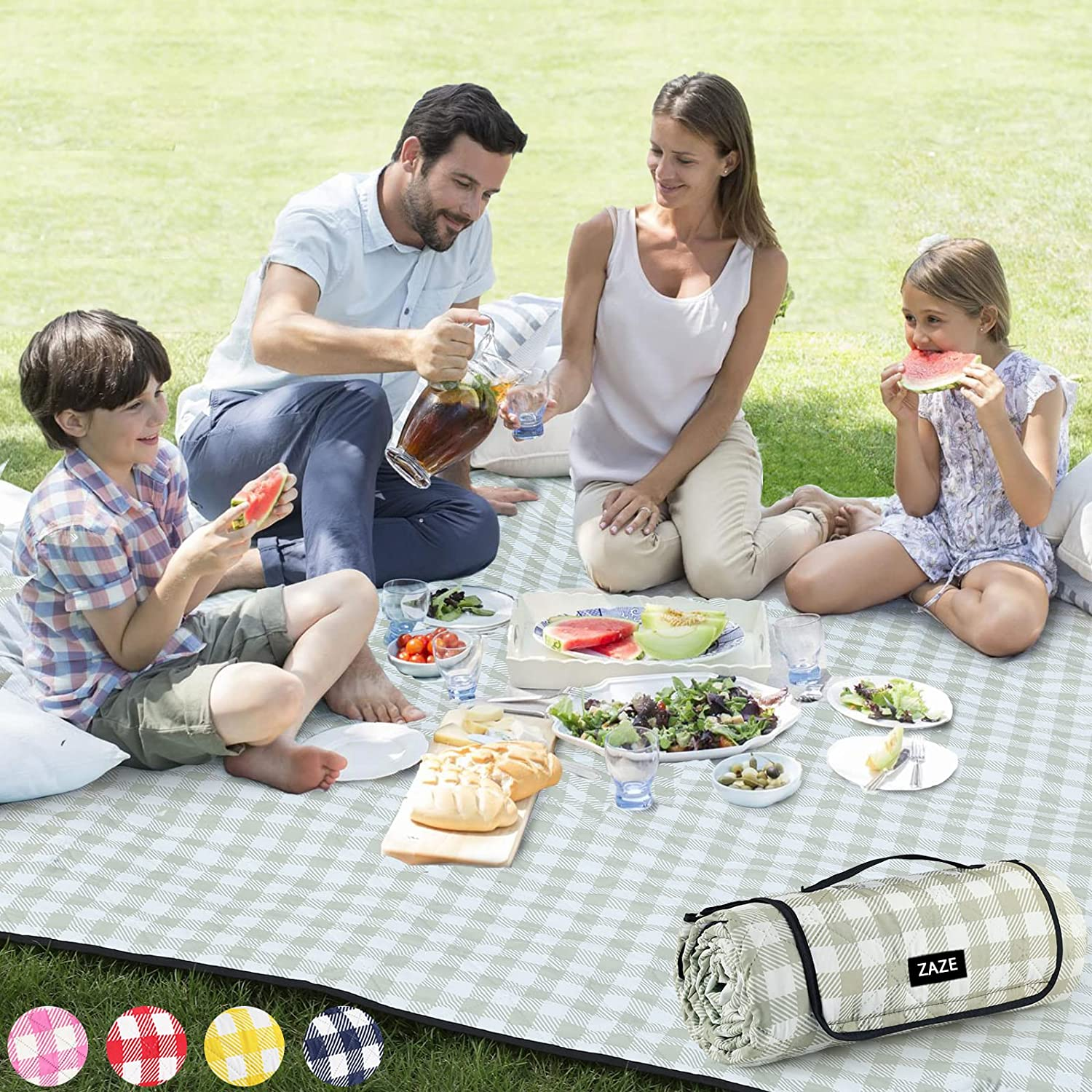 Extra Large Picnic Outdoor Blanket, 80''X80'' Waterproof Foldable Blankets Gingham Picnic Mat for Beach, Camping Grass Lawn Park Accessories Cute Couple Ideas Wedding Registry(Green White)