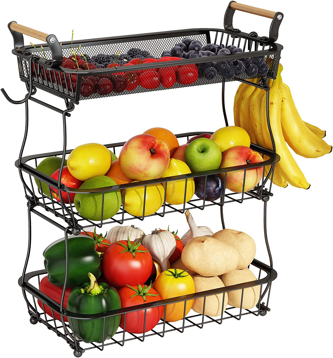 Fruit Basket with 2 Banana Hangers 3 Tier Countertop Fruit Vegetable Organizer