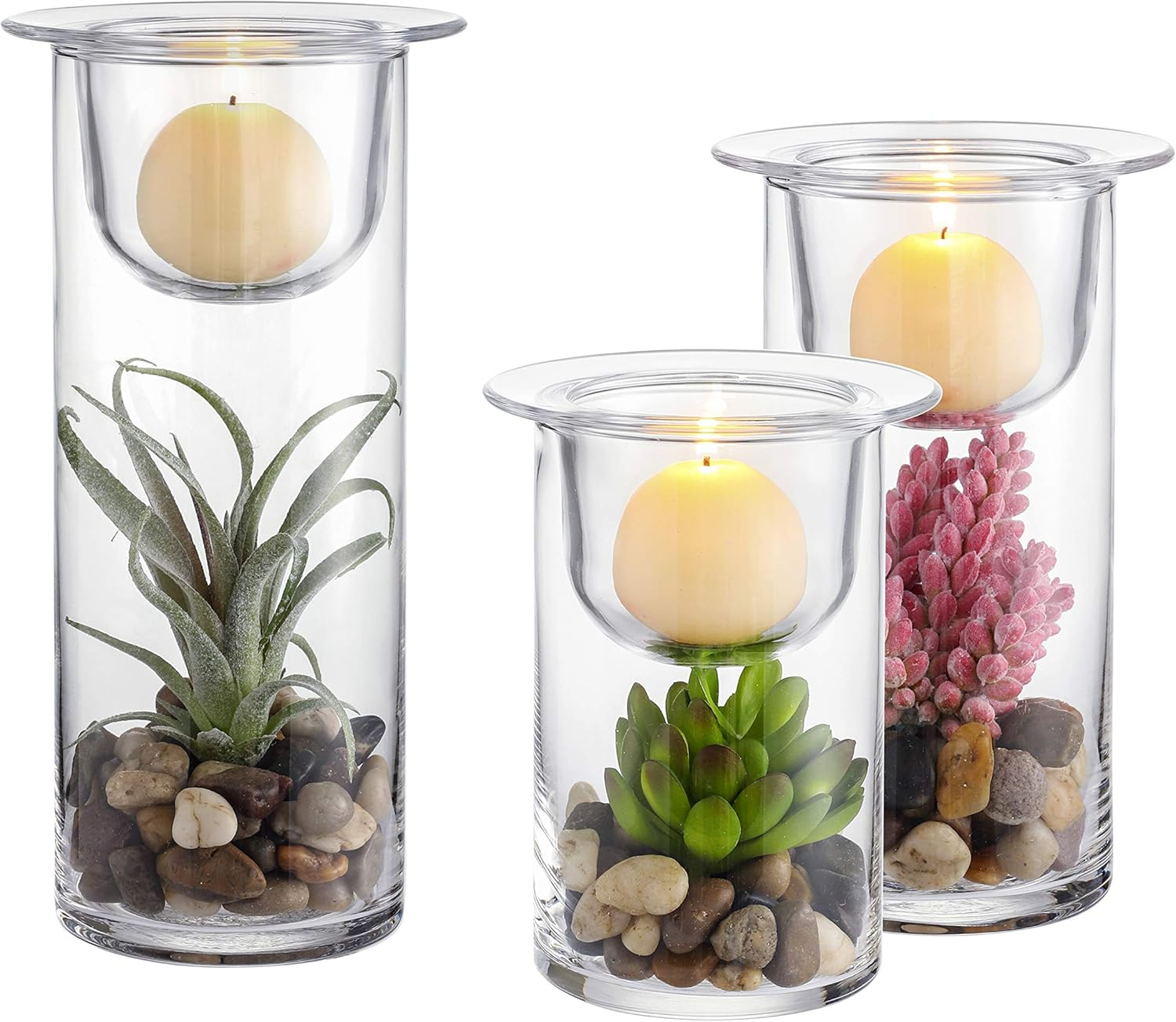 Kmwares Glass Cylinder Candle Holders Set of 3 with Artificial Succulent and Decorative Stones, Hurricane Candle Holder Centerpiece for Table, Wedding, Bathroom and Home Decor (Candles Not Included)